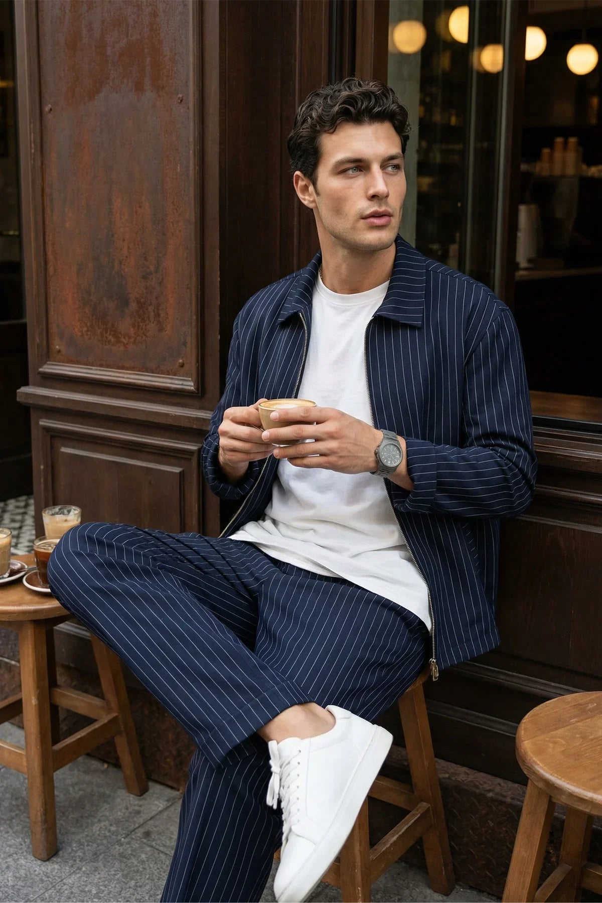 Aniva Erkek Çizgili Geniş Kalıp İkili Takım Ceket Pantolon