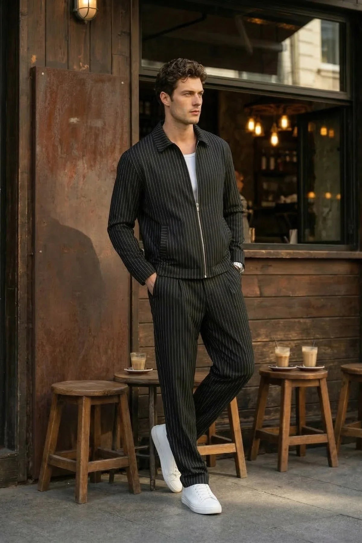 Aniva Erkek Çizgili Geniş Kalıp İkili Takım Ceket Pantolon