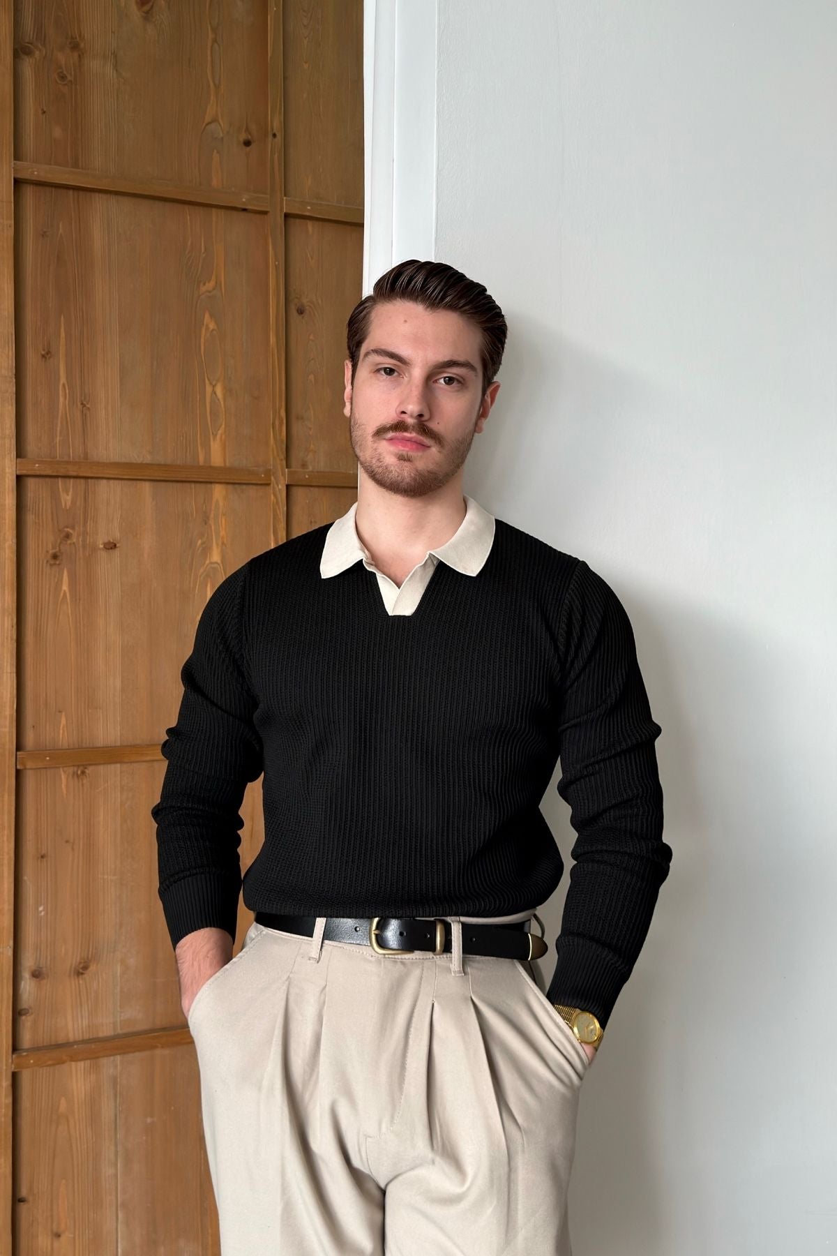 Atri Çift Renk Dokulu Regular Fit Polo Yaka Erkek Triko Kazak
