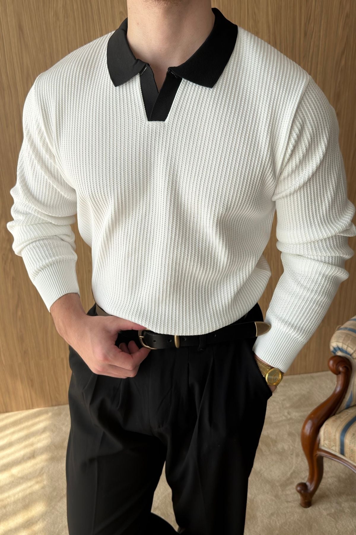Atri Çift Renk Dokulu Regular Fit Polo Yaka Erkek Triko Kazak