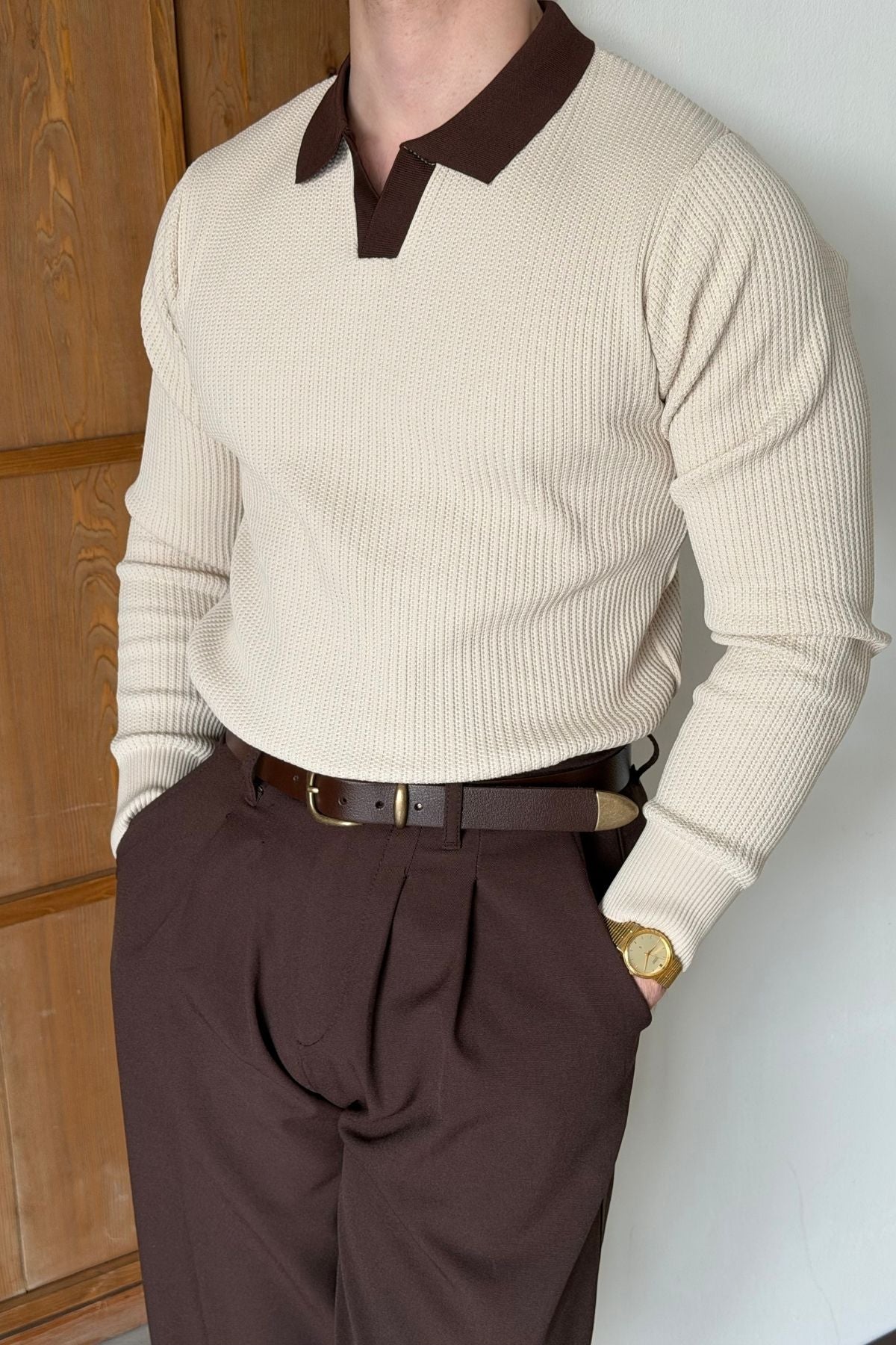 Atri Çift Renk Dokulu Regular Fit Polo Yaka Erkek Triko Kazak