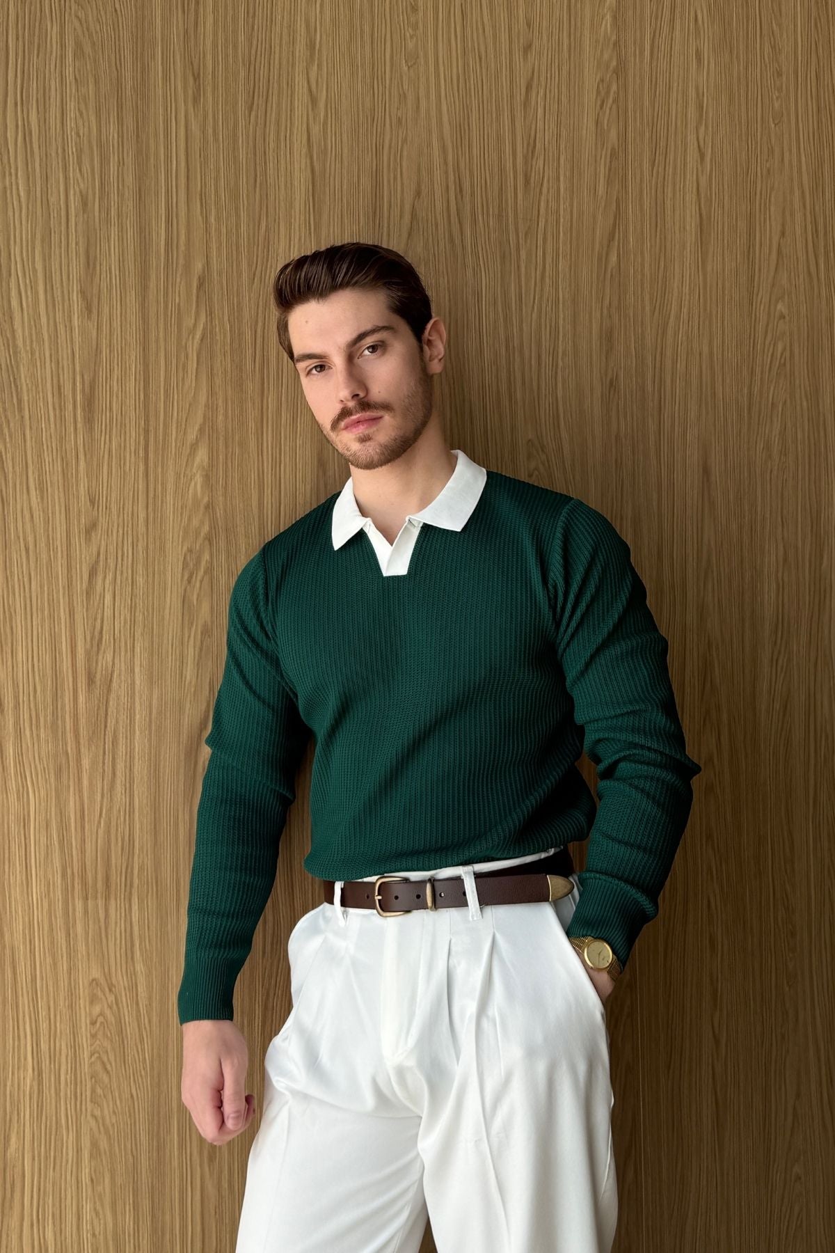 Atri Çift Renk Dokulu Regular Fit Polo Yaka Erkek Triko Kazak