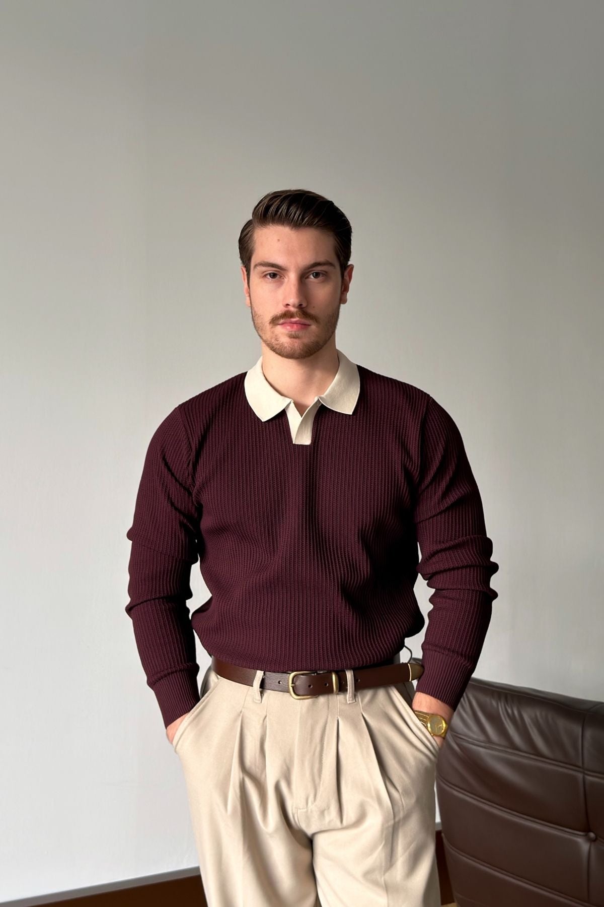 Atri Çift Renk Dokulu Regular Fit Polo Yaka Erkek Triko Kazak