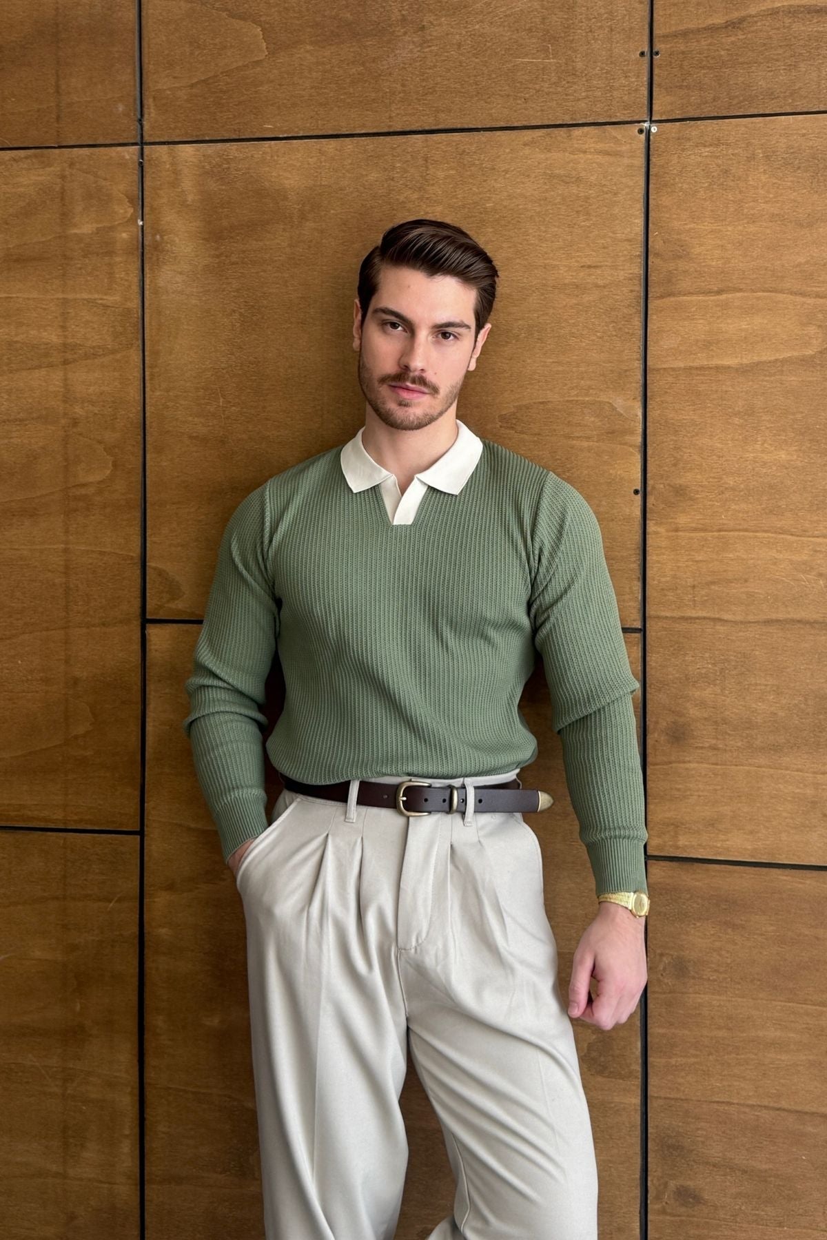 Atri Çift Renk Dokulu Regular Fit Polo Yaka Erkek Triko Kazak