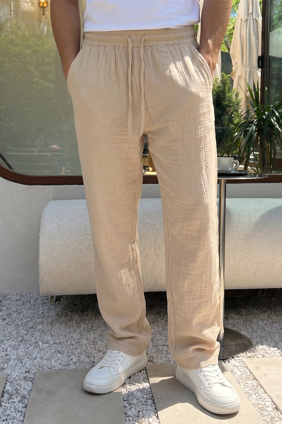 Balve %100 Pamuk Baggy Müslin Kumaş Erkek Pantolon Bağcıklı Lastikli Bel Yazlık Pantolon