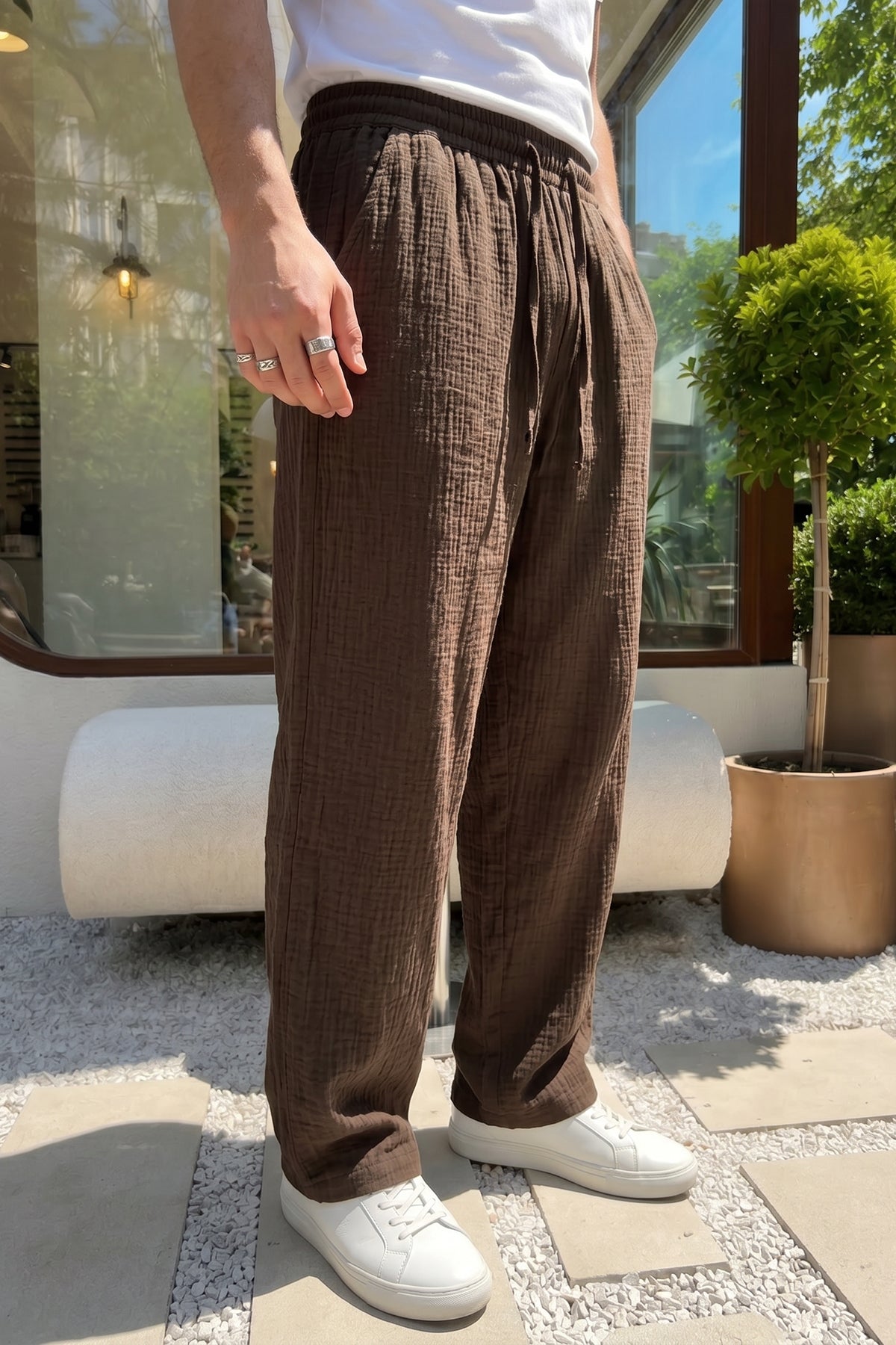 Balve %100 Pamuk Baggy Müslin Kumaş Erkek Pantolon Bağcıklı Lastikli Bel Yazlık Pantolon