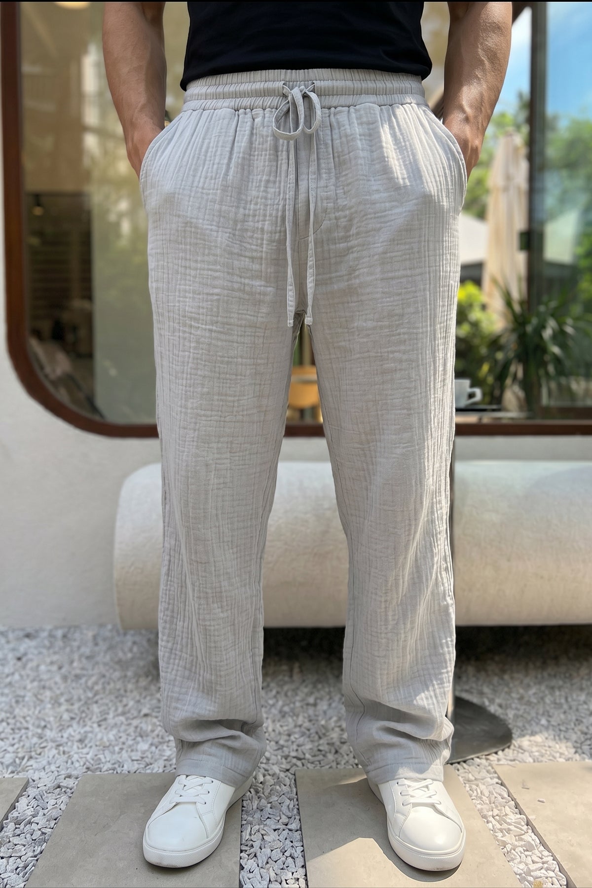 Balve %100 Pamuk Baggy Müslin Kumaş Erkek Pantolon Bağcıklı Lastikli Bel Yazlık Pantolon