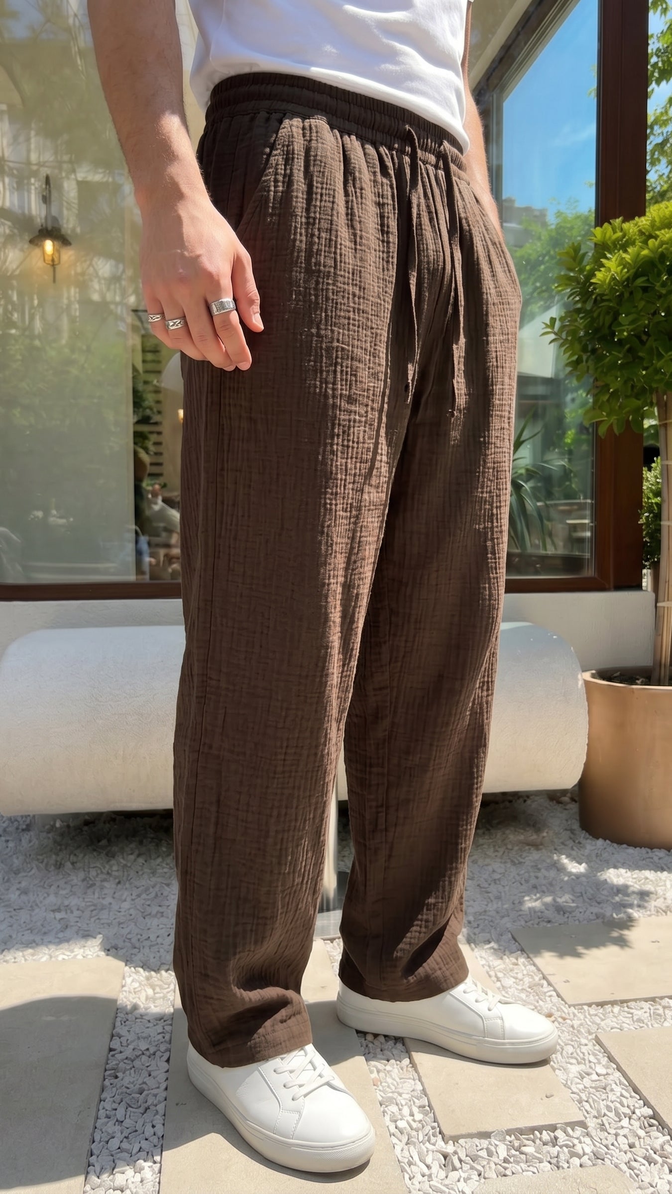 Balve %100 Pamuk Baggy Müslin Kumaş Erkek Pantolon Bağcıklı Lastikli Bel Yazlık Pantolon