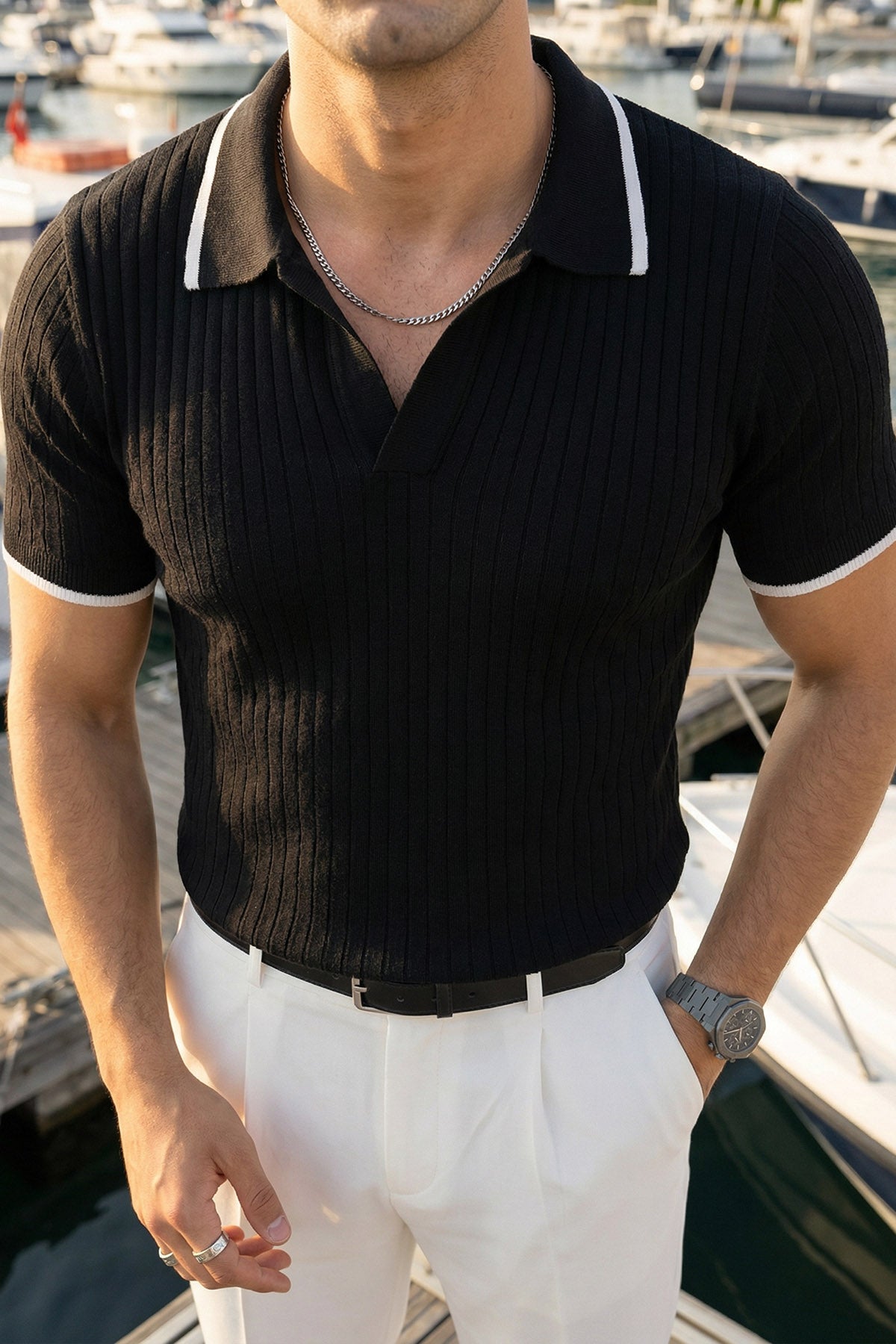 Basay Premium Çizgili Triko Polo Yaka Erkek Tişört