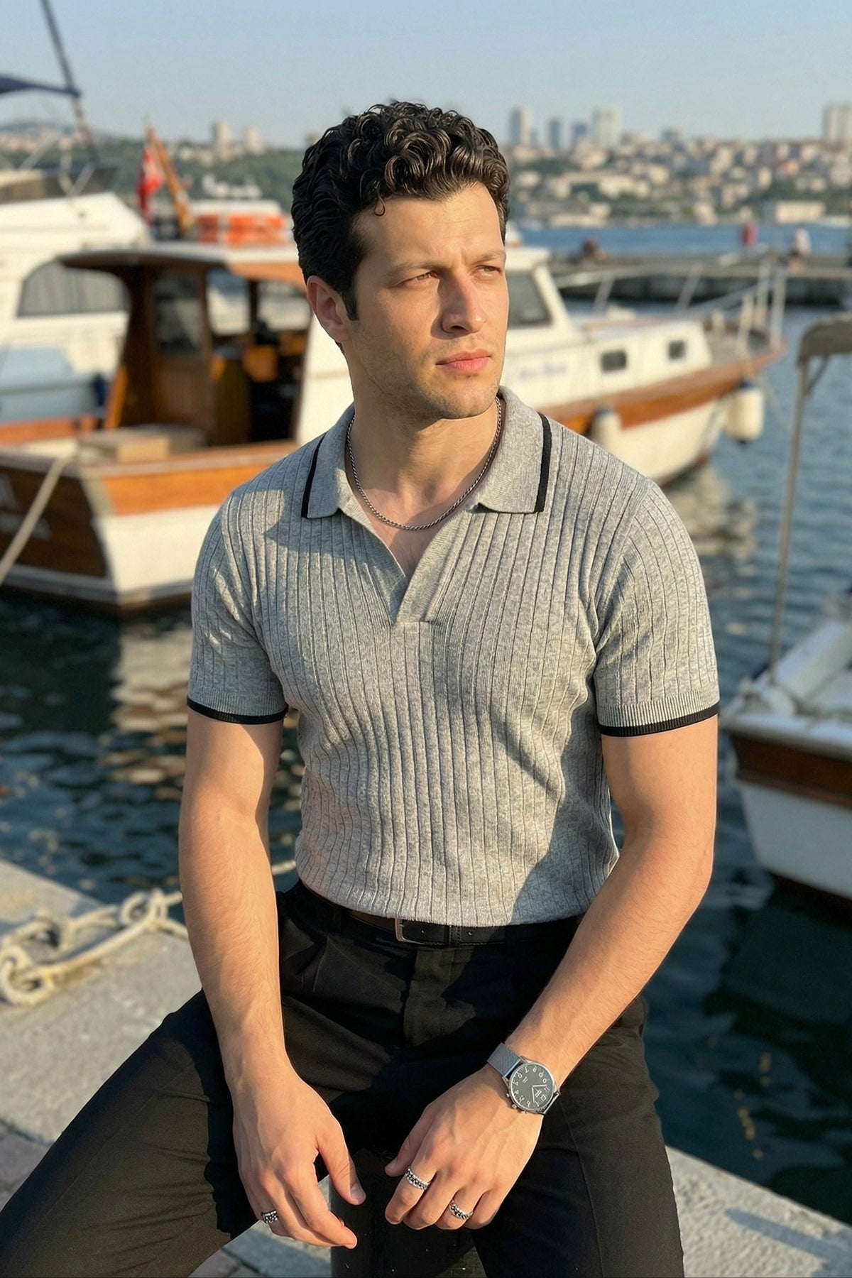 Basay Premium Çizgili Triko Polo Yaka Erkek Tişört