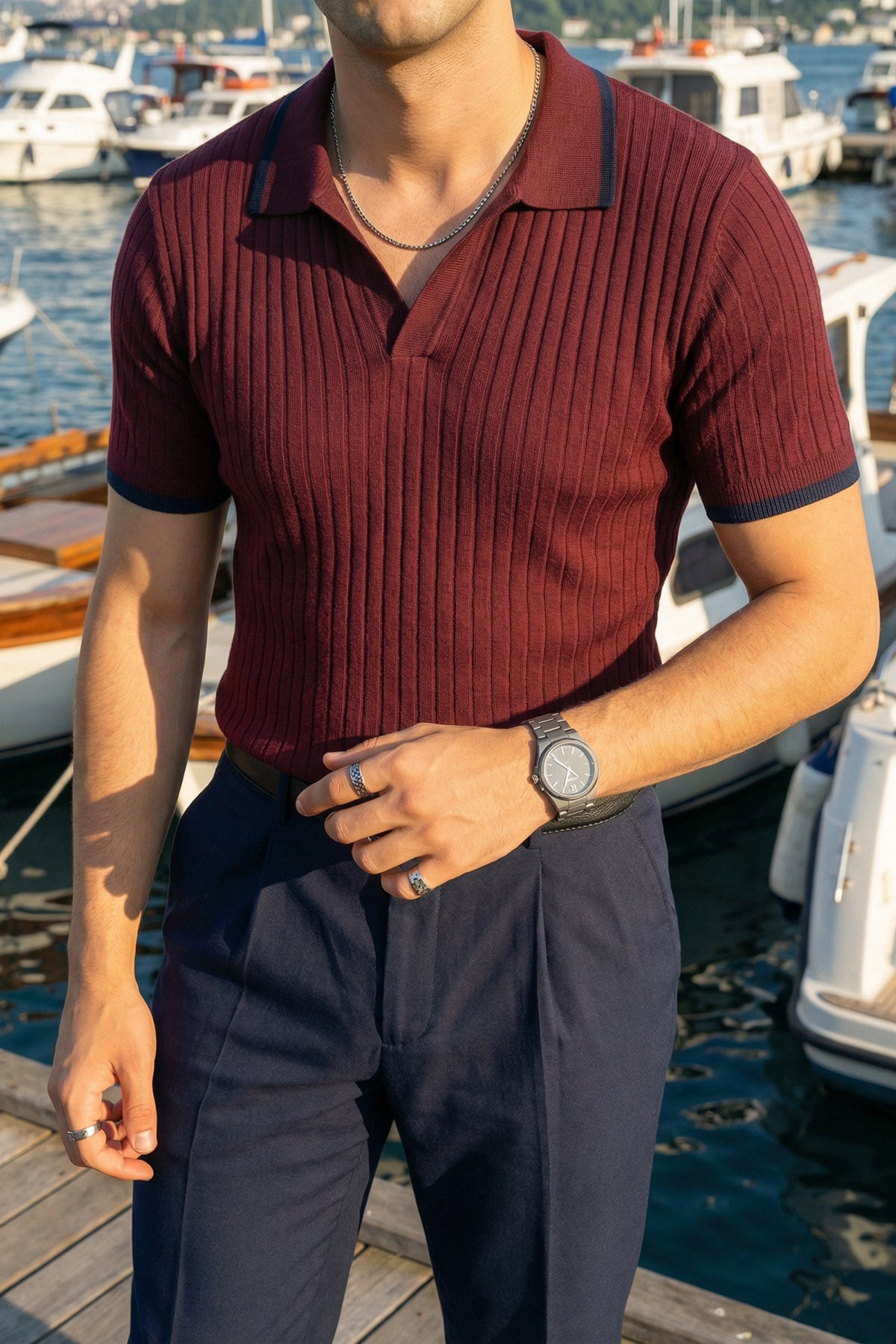 Basay Premium Çizgili Triko Polo Yaka Erkek Tişört