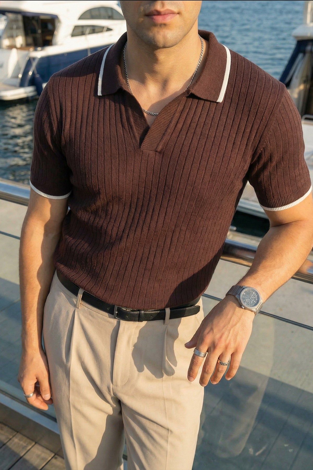 Basay Premium Çizgili Triko Polo Yaka Erkek Tişört