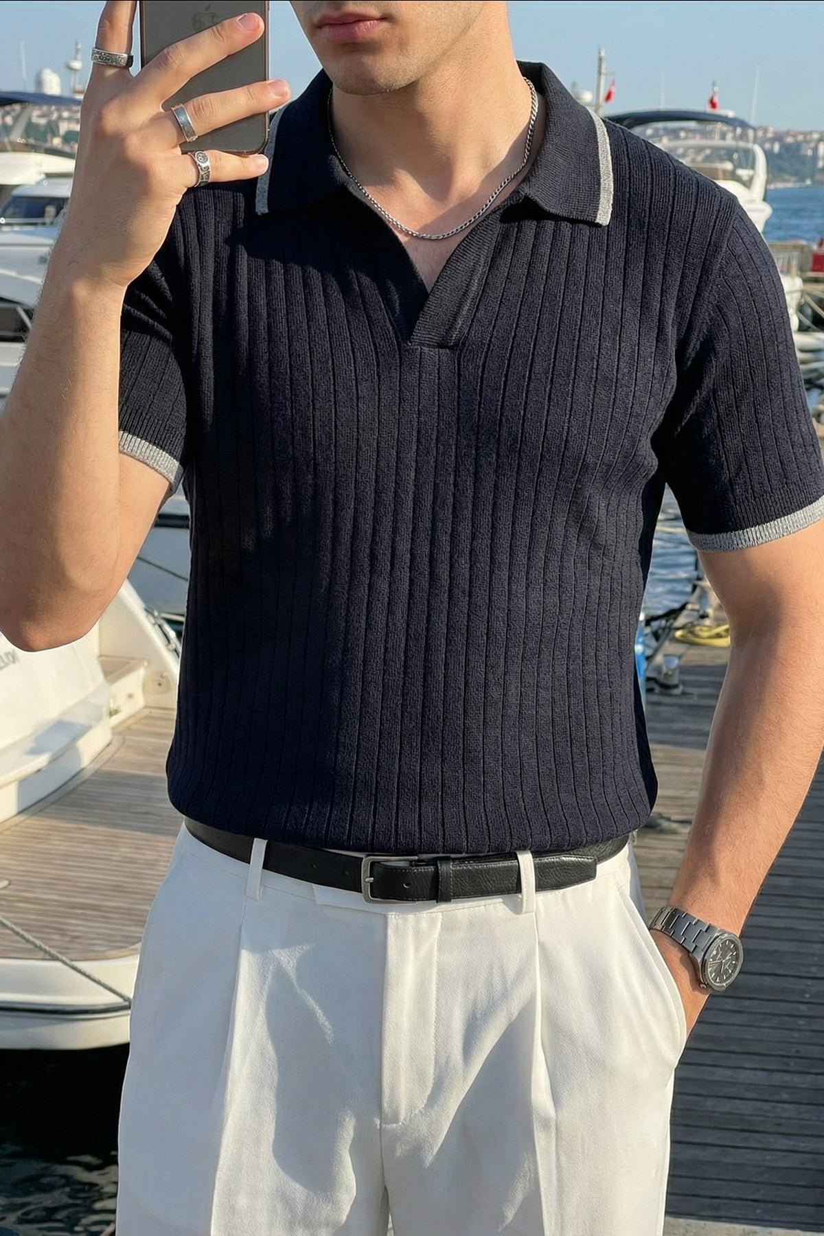 Basay Premium Çizgili Triko Polo Yaka Erkek Tişört