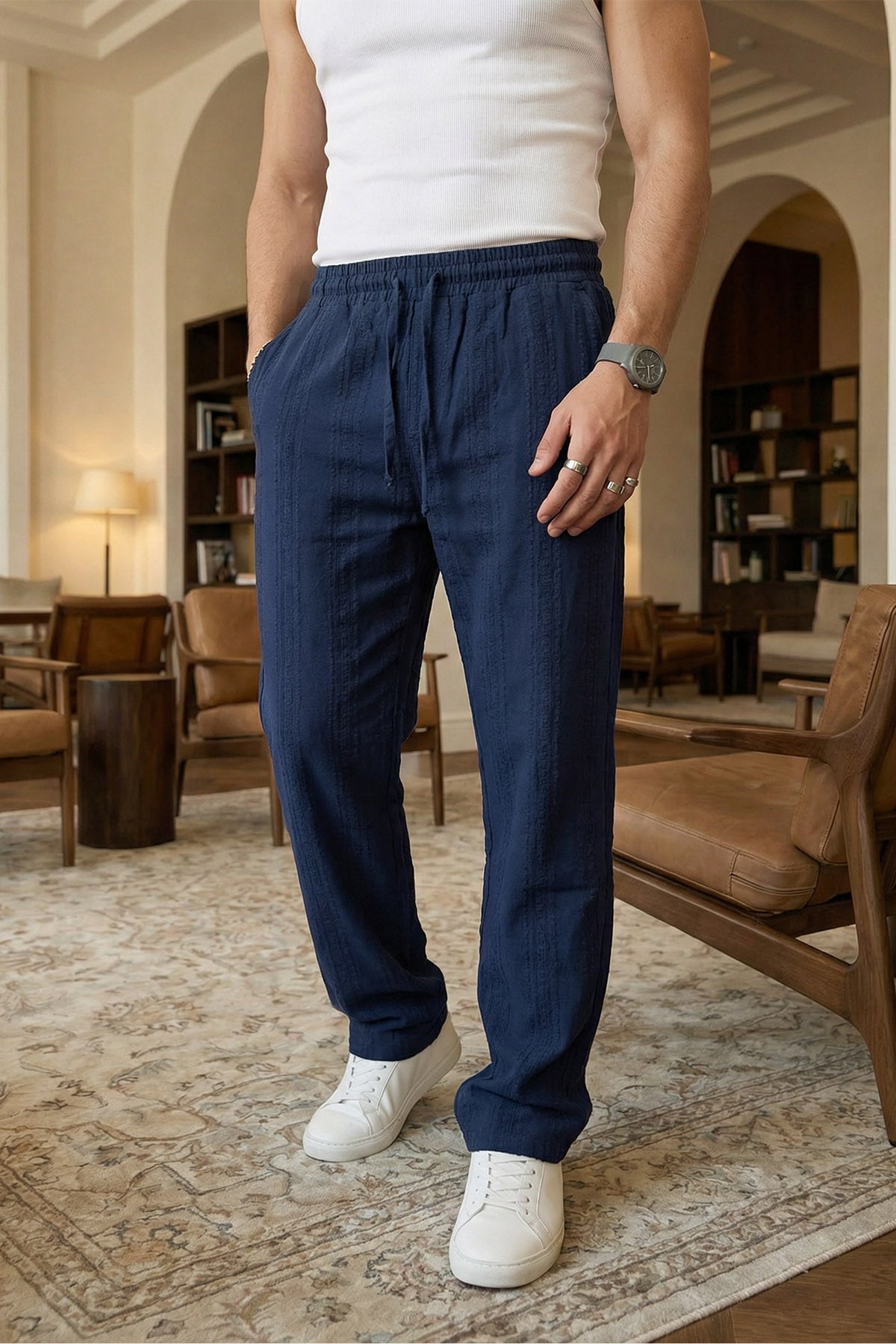 Bunga Desenli Keten Görünümlü Lastikli Erkek Pantolon