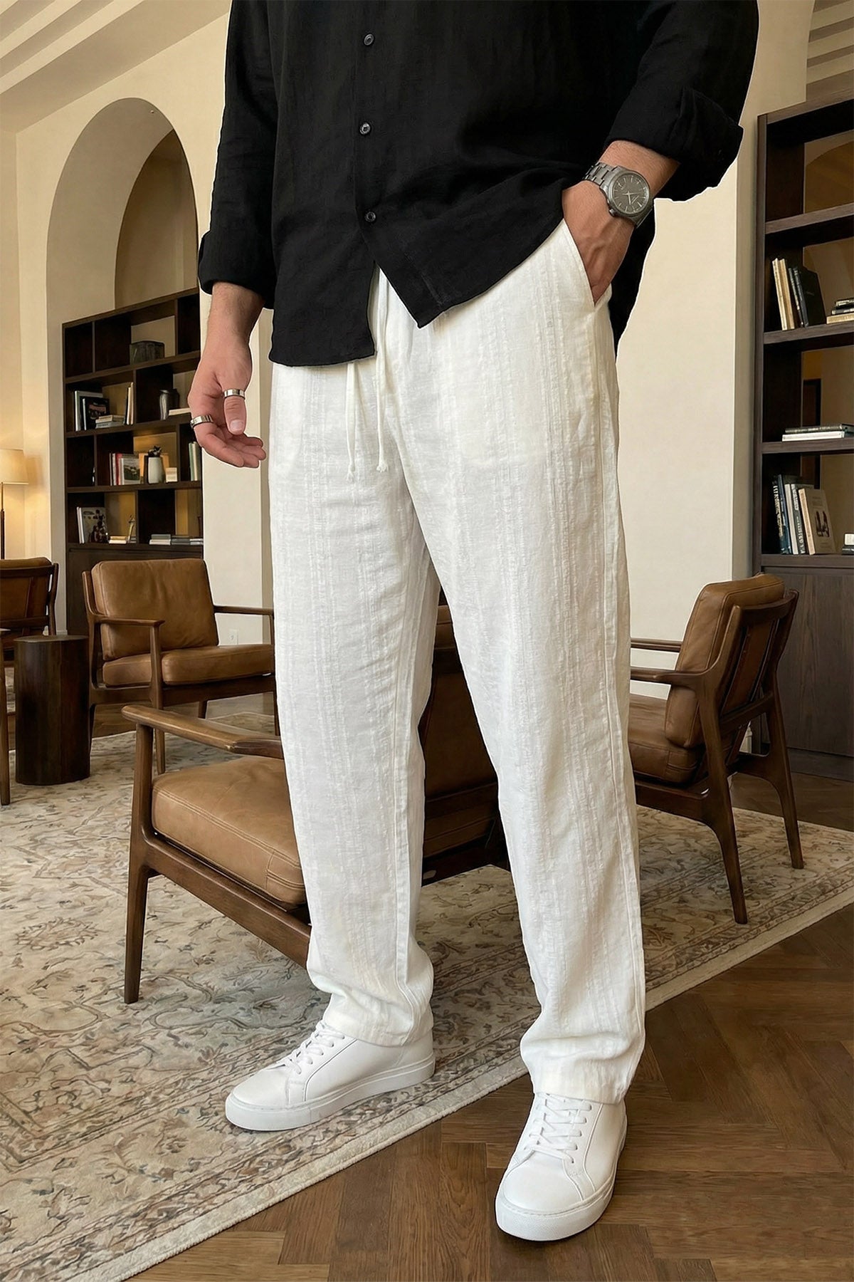 Bunga Desenli Keten Görünümlü Lastikli Erkek Pantolon