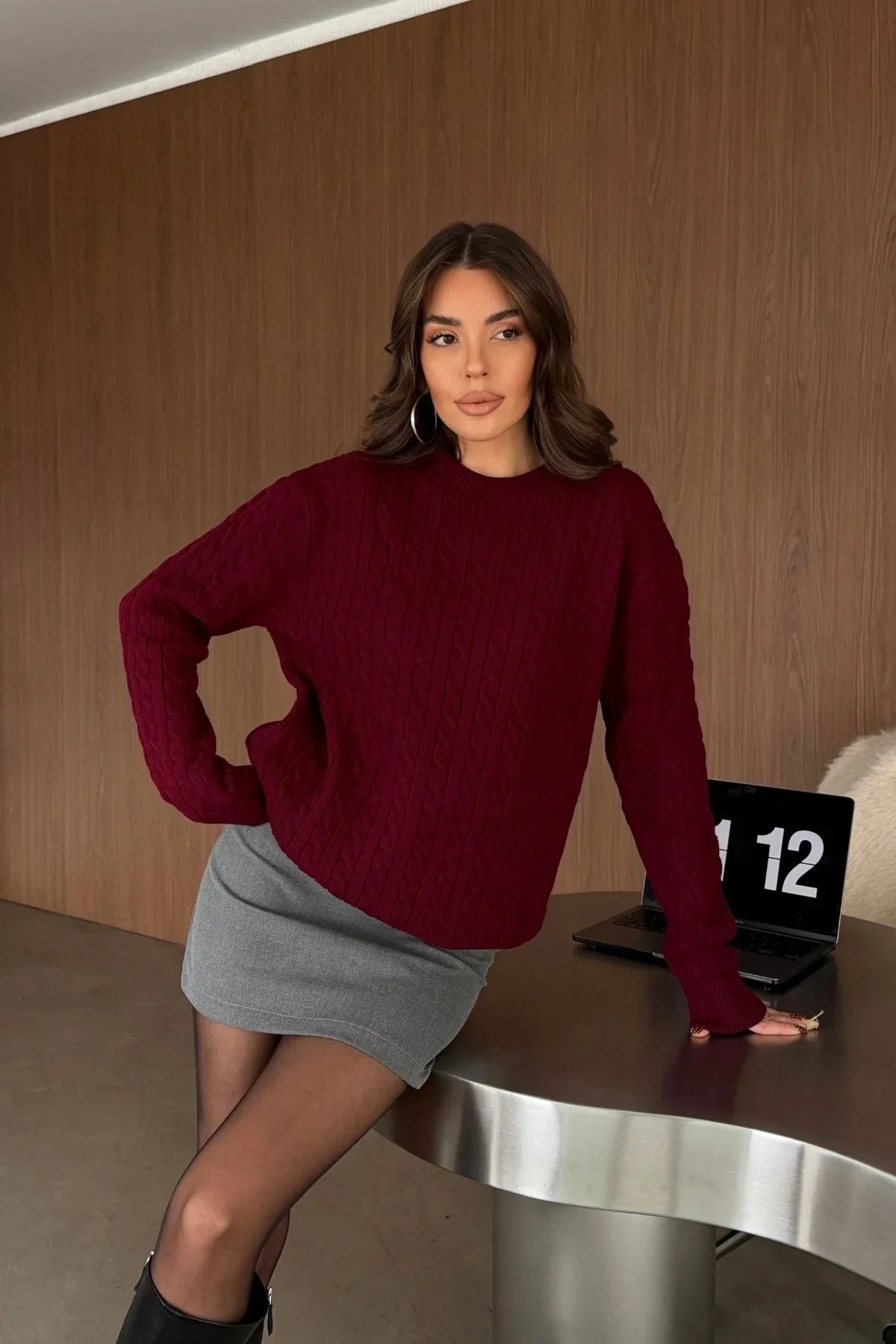 Erin Premium Saç Örgü Bisiklet Yaka Kalın Triko Kazak - Livio Ferri