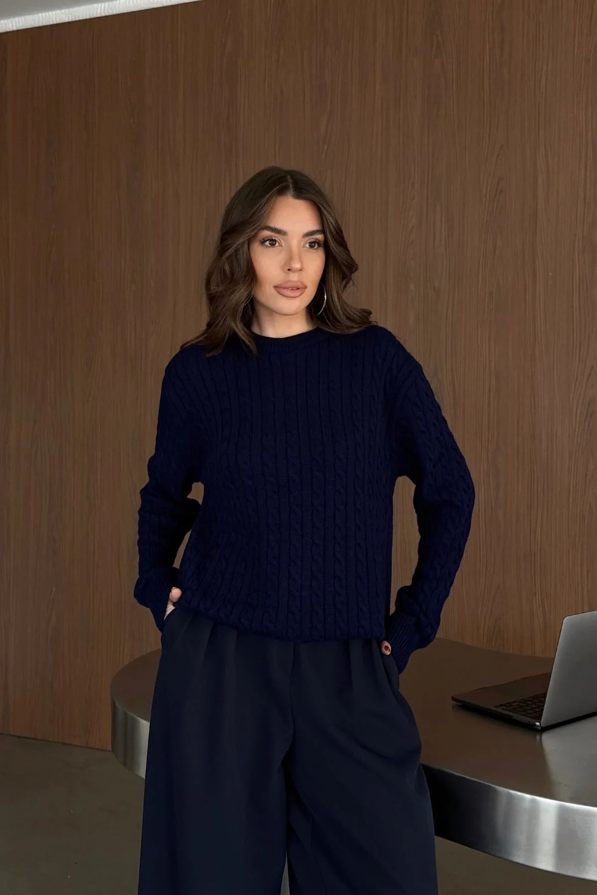 Erin Premium Saç Örgü Bisiklet Yaka Kalın Triko Kazak - Livio Ferri