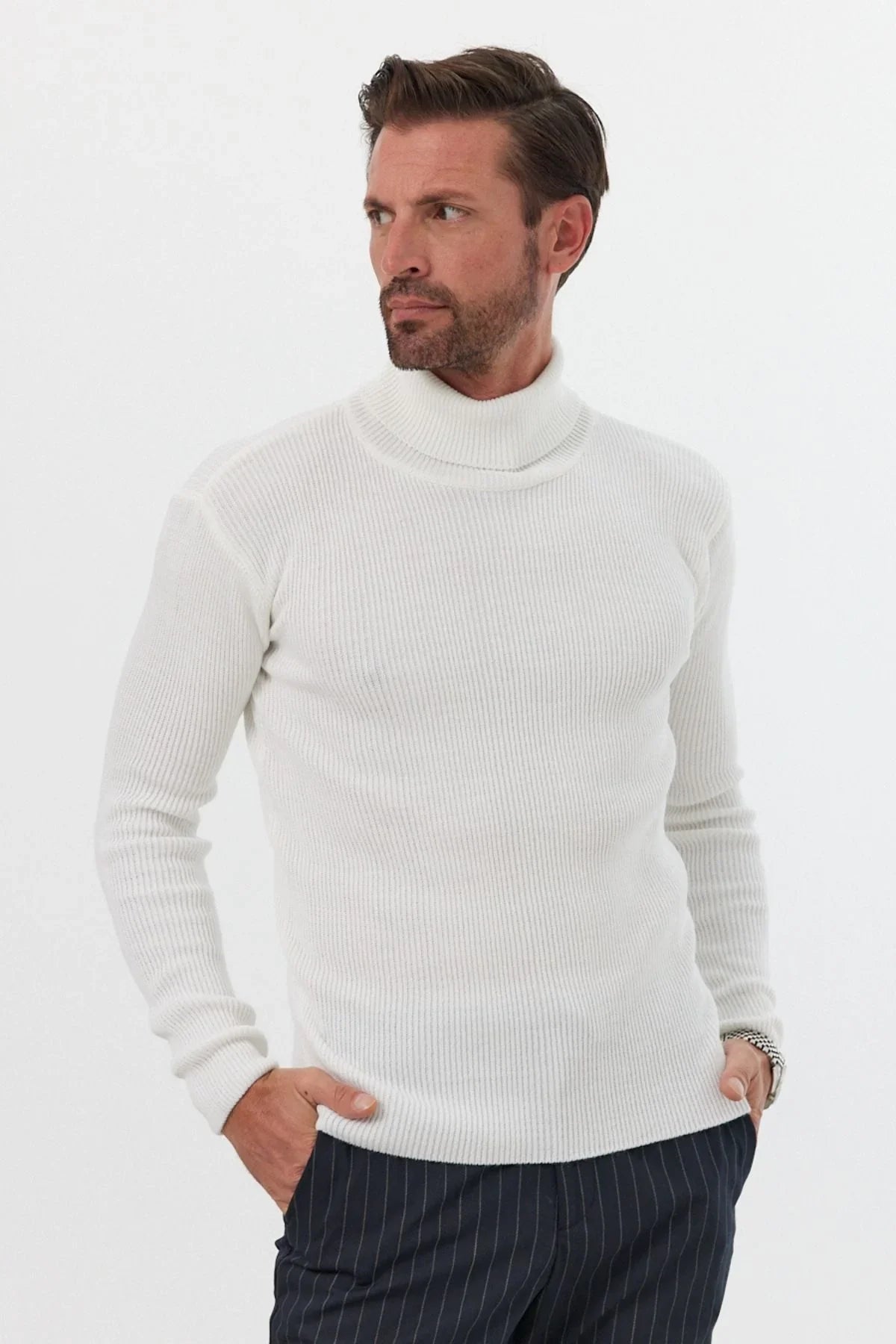 Erkek Balıkçı Yaka Slim Fit Fitilli Triko Kazak