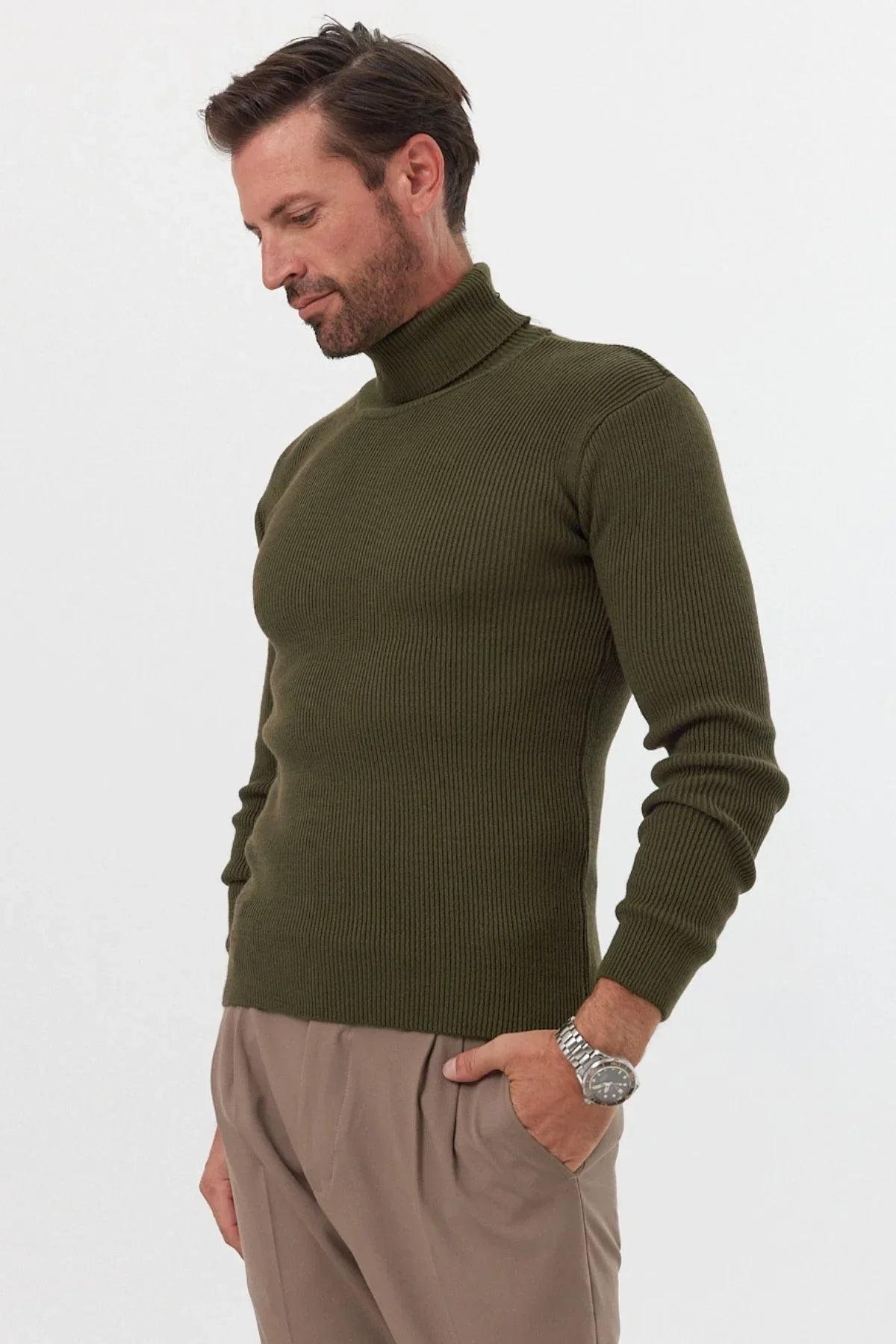 Erkek Balıkçı Yaka Slim Fit Fitilli Triko Kazak