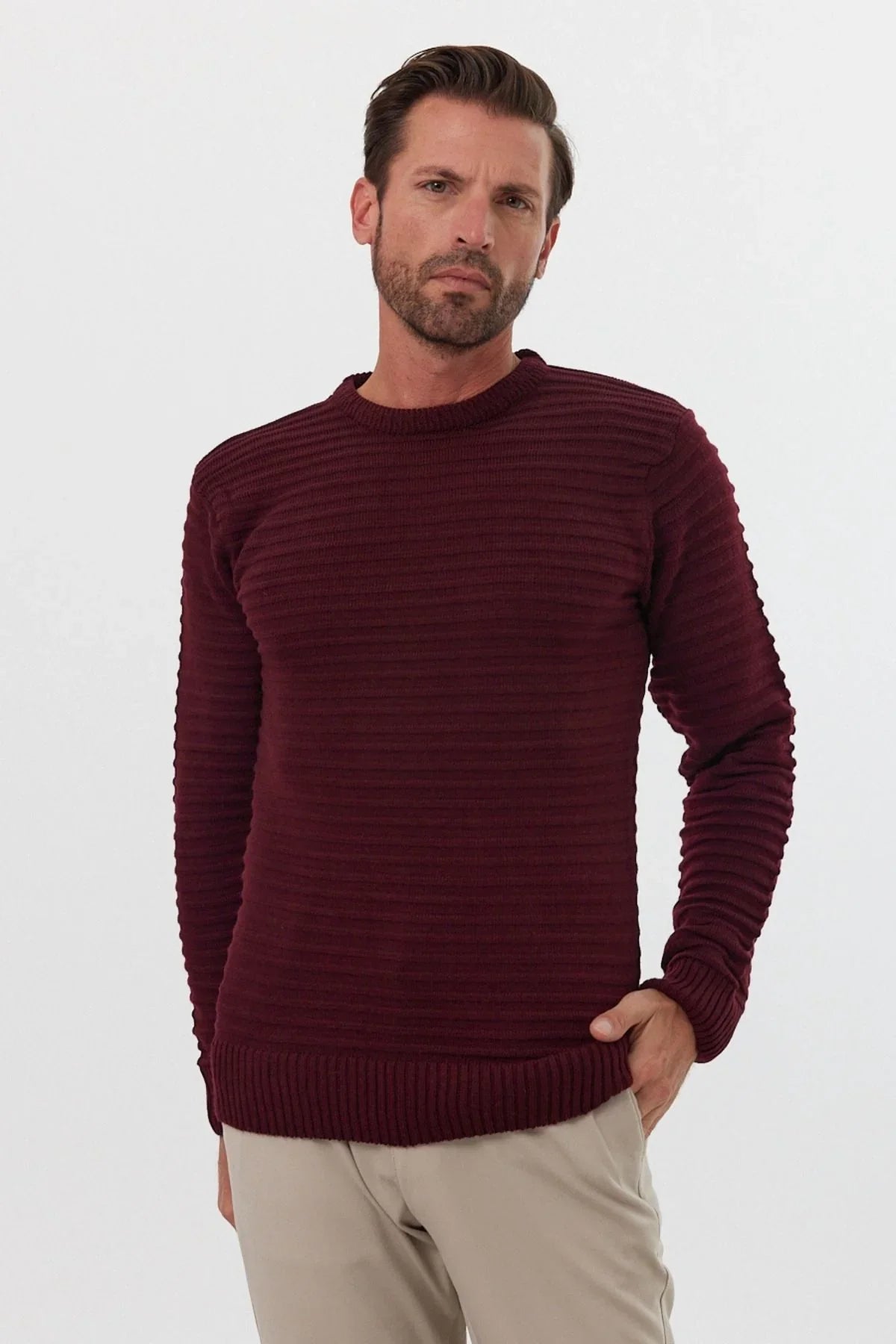 Erkek Bisiklet Yaka Slim Fit Kendinden Çizgili Desenli Triko Kazak