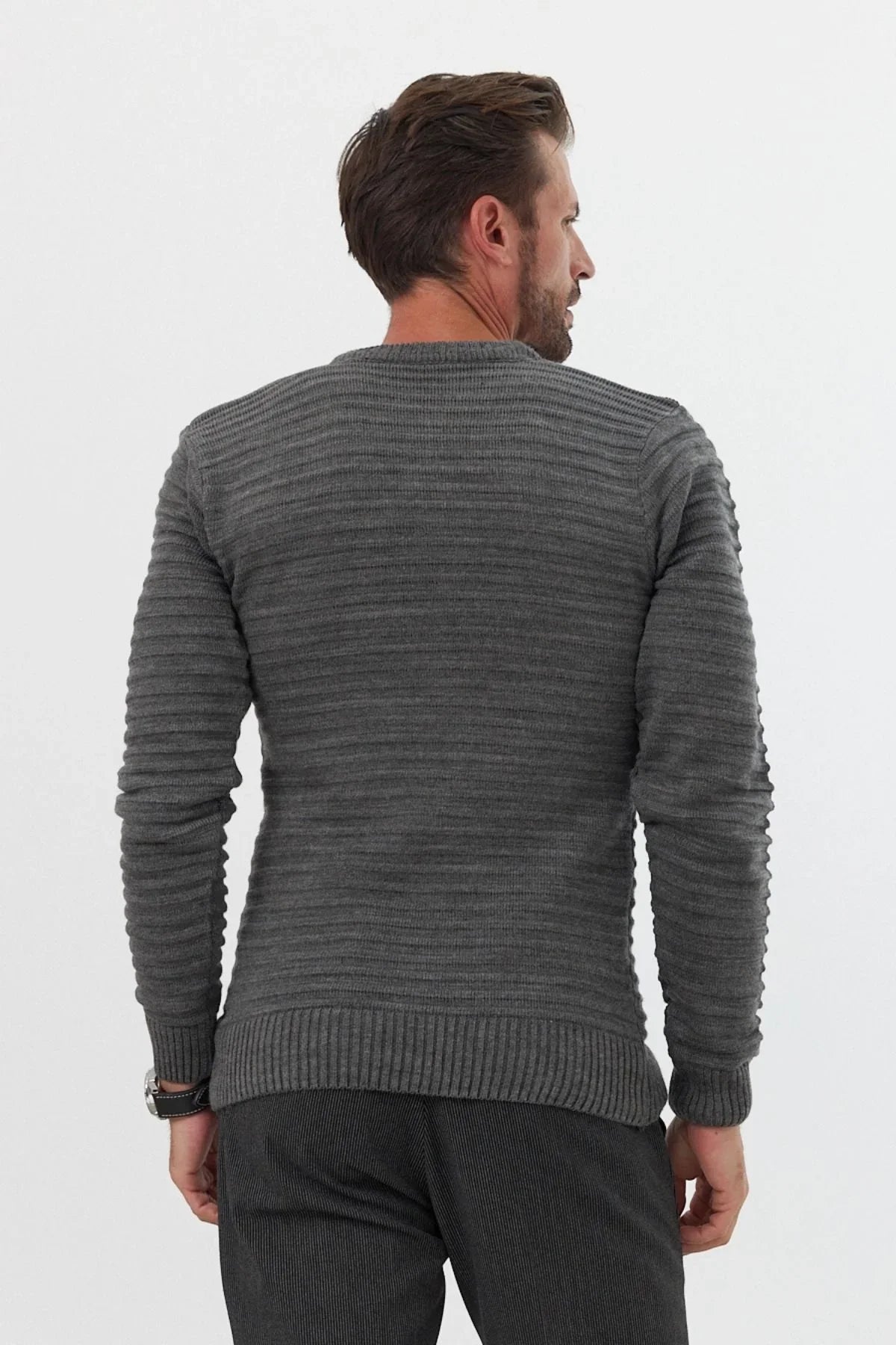 Erkek Bisiklet Yaka Slim Fit Kendinden Çizgili Desenli Triko Kazak