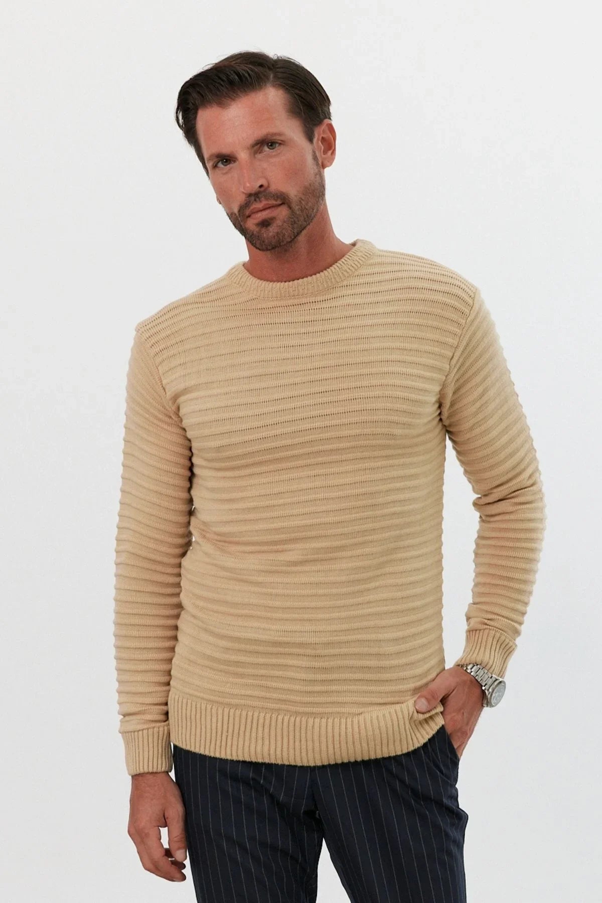 Erkek Bisiklet Yaka Slim Fit Kendinden Çizgili Desenli Triko Kazak