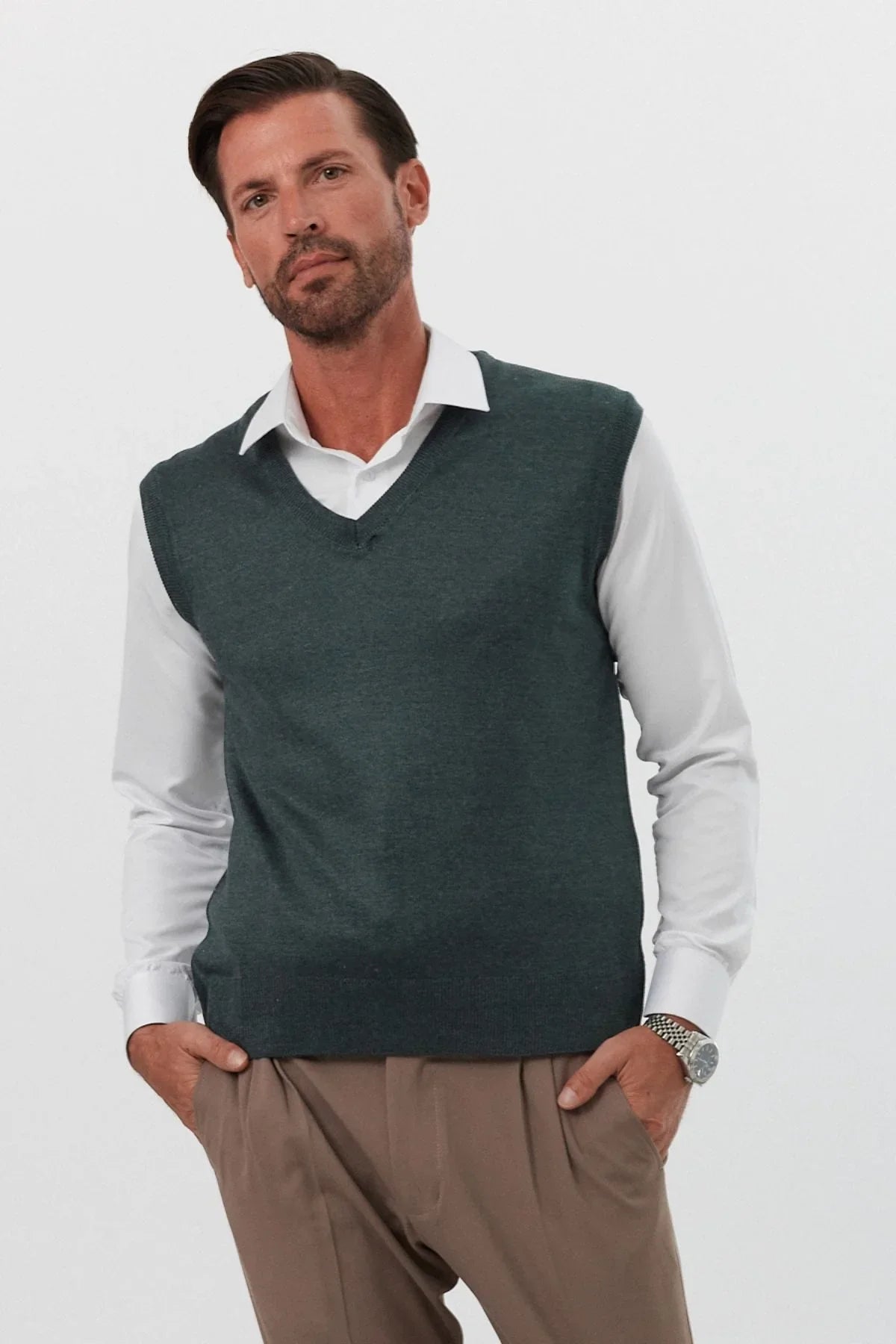 Erkek Büyük Beden Normal Kesim Kolsuz Süveter Triko Kazak