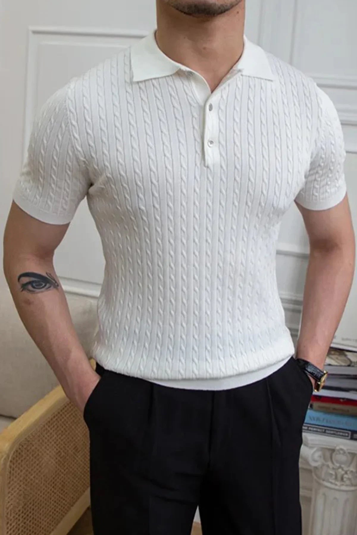 Erkek Polo Yaka Pamuk Saç Örgülü Slim Fit Kısa Kollu İnce Triko Tişört