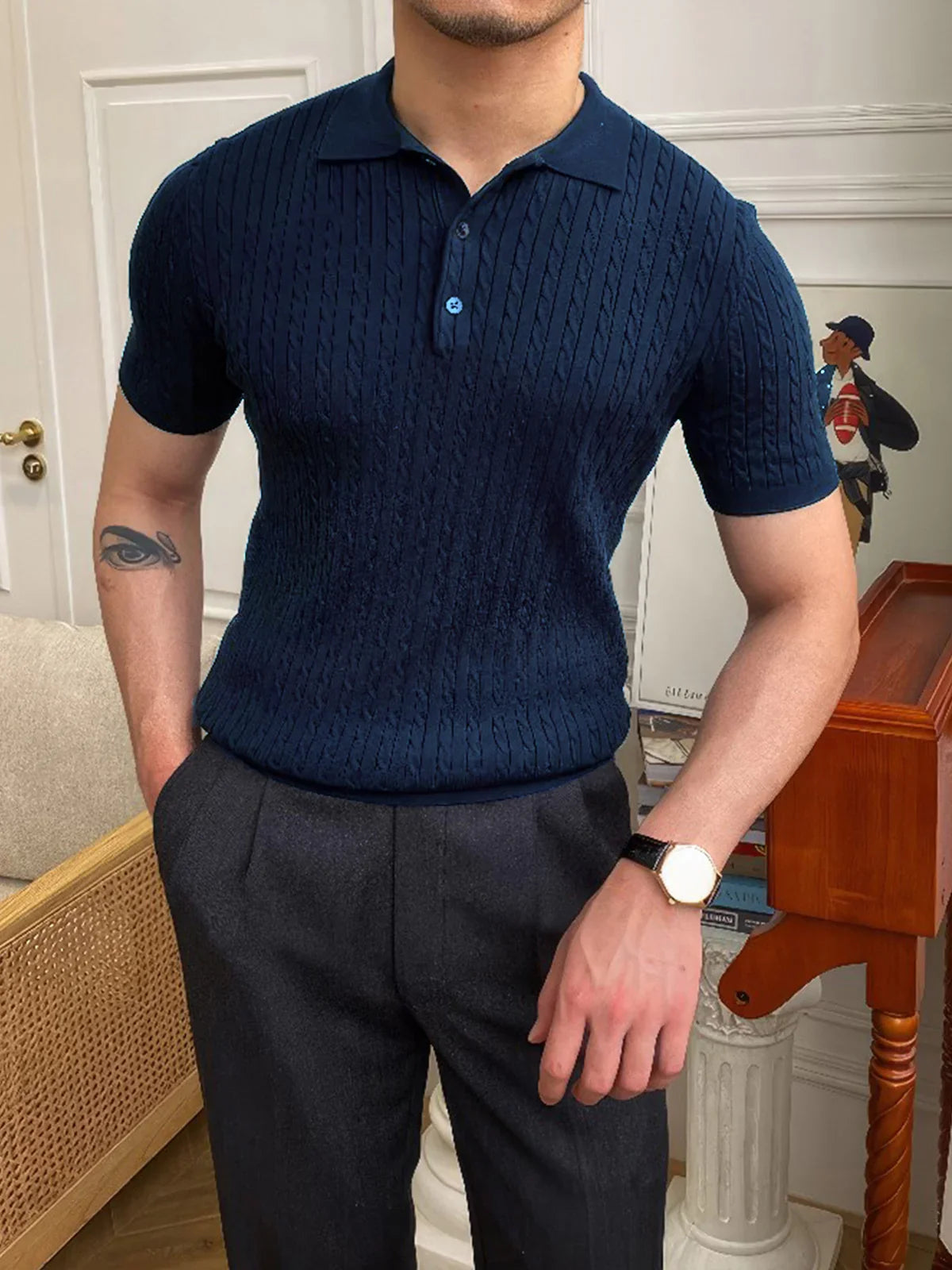 Erkek Polo Yaka Pamuk Saç Örgülü Slim Fit Kısa Kollu İnce Triko Tişört