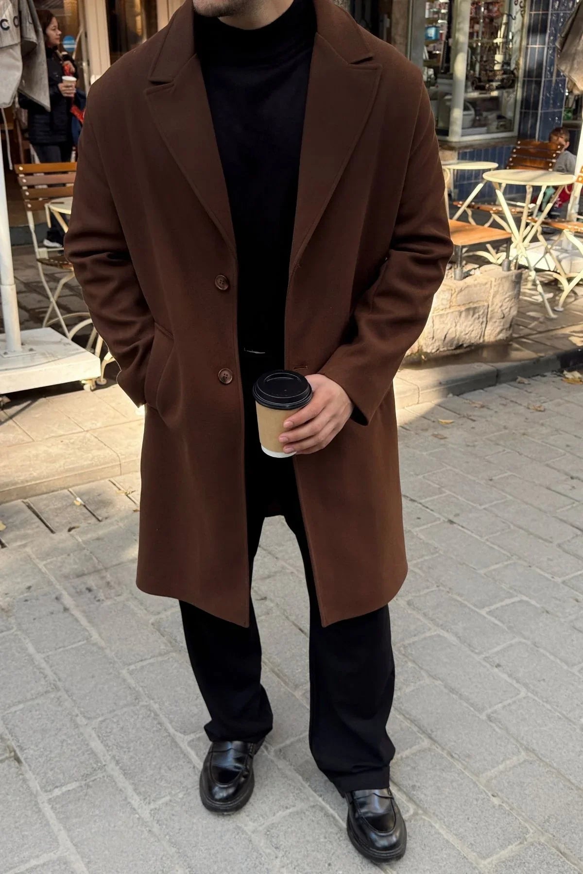 Erkek Regular Fit Düğmeli Cepli Kışlık Astarlı Klasik Uzun Kaşe Kaban