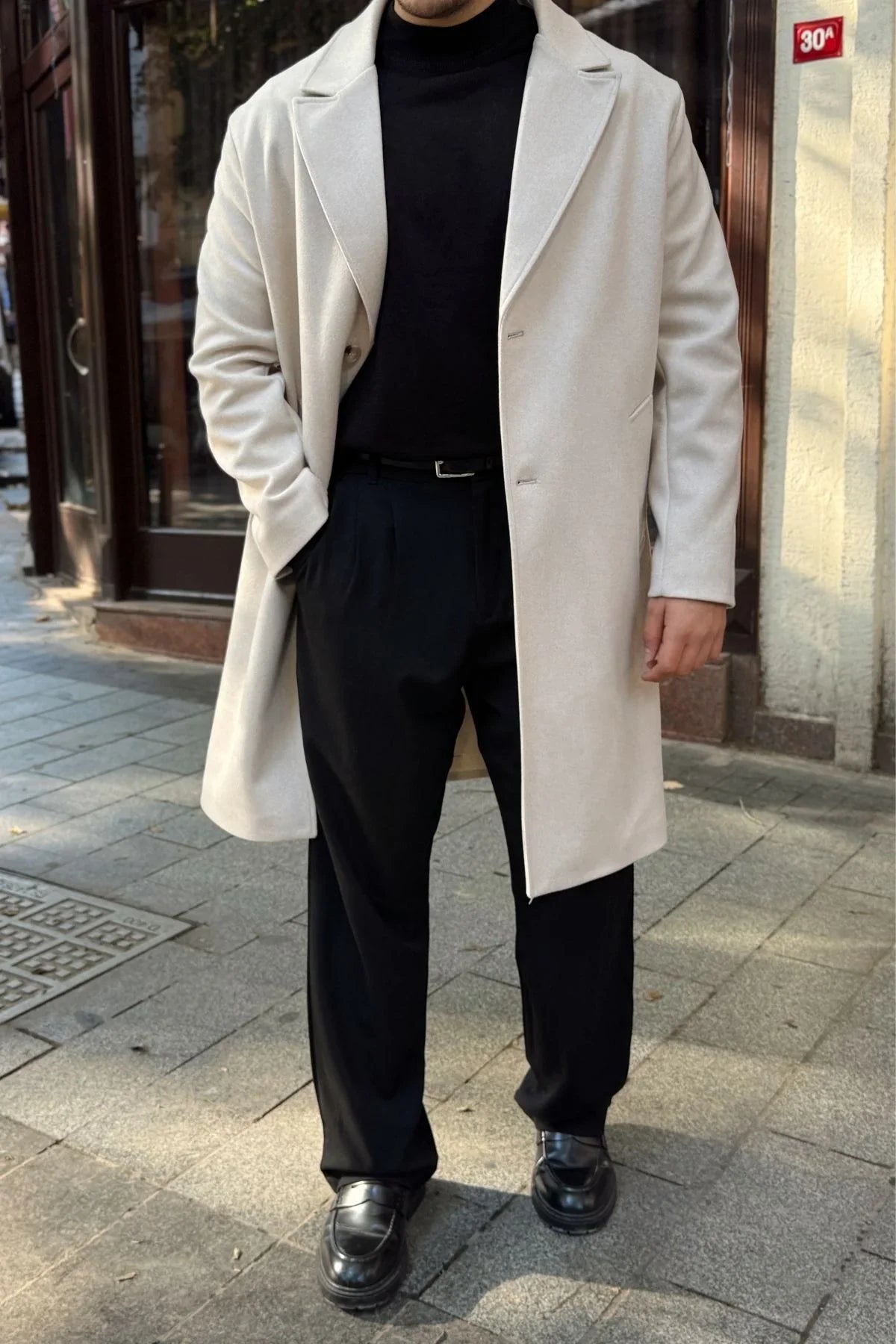 Erkek Regular Fit Düğmeli Cepli Kışlık Astarlı Klasik Uzun Kaşe Kaban