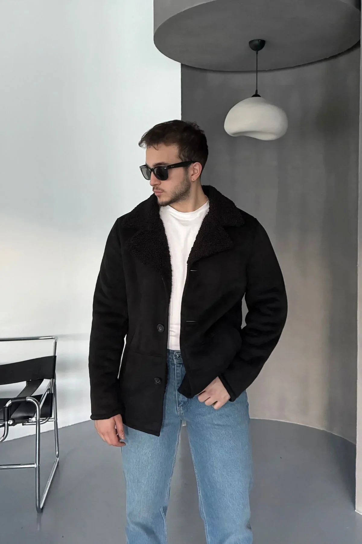 Erkek Regular Fit Içi Kürklü Düğmeli Katlı Yaka Yandan Cepli Klasik Süet Mont