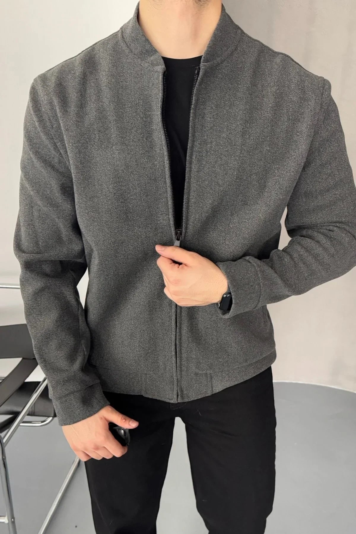 Erkek Regular Fit Pilot Yaka Fermuarlı Cepli Kışlık Astarsız Kaşe Mont - Livio Ferri