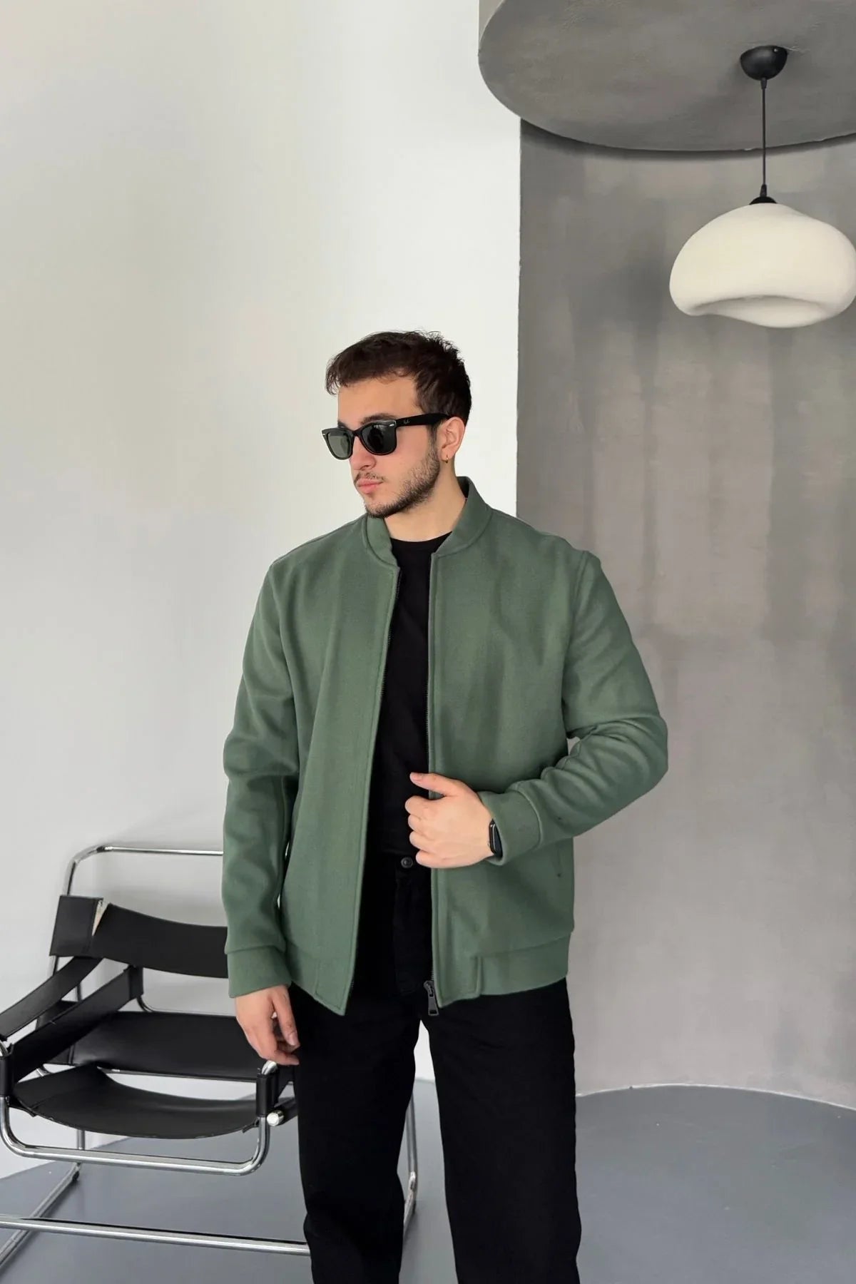 Erkek Regular Fit Pilot Yaka Fermuarlı Cepli Kışlık Astarsız Kaşe Mont - Livio Ferri