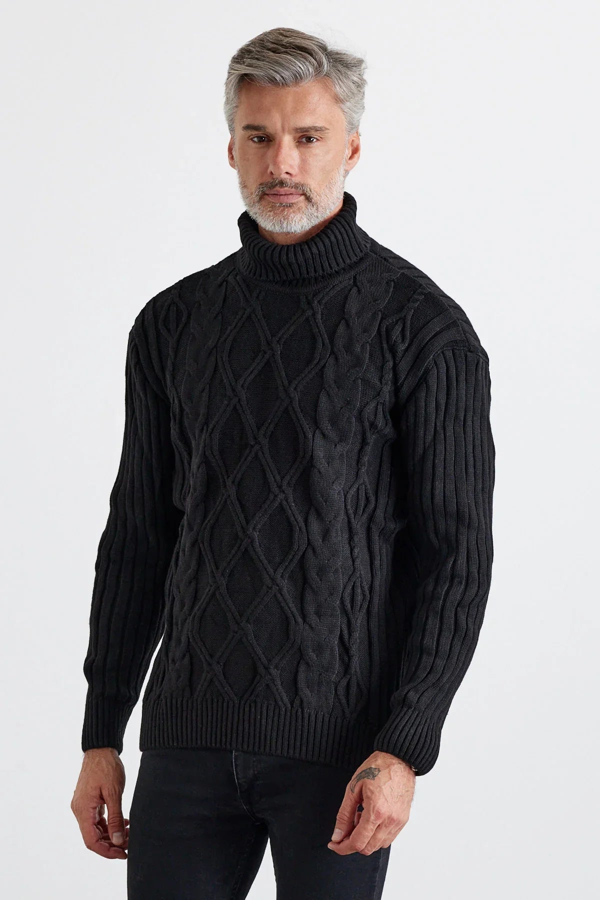 Erkek Saç Örgülü Baklava Desenli Tam Balıkçı Fitilli Kalın Triko Kazak