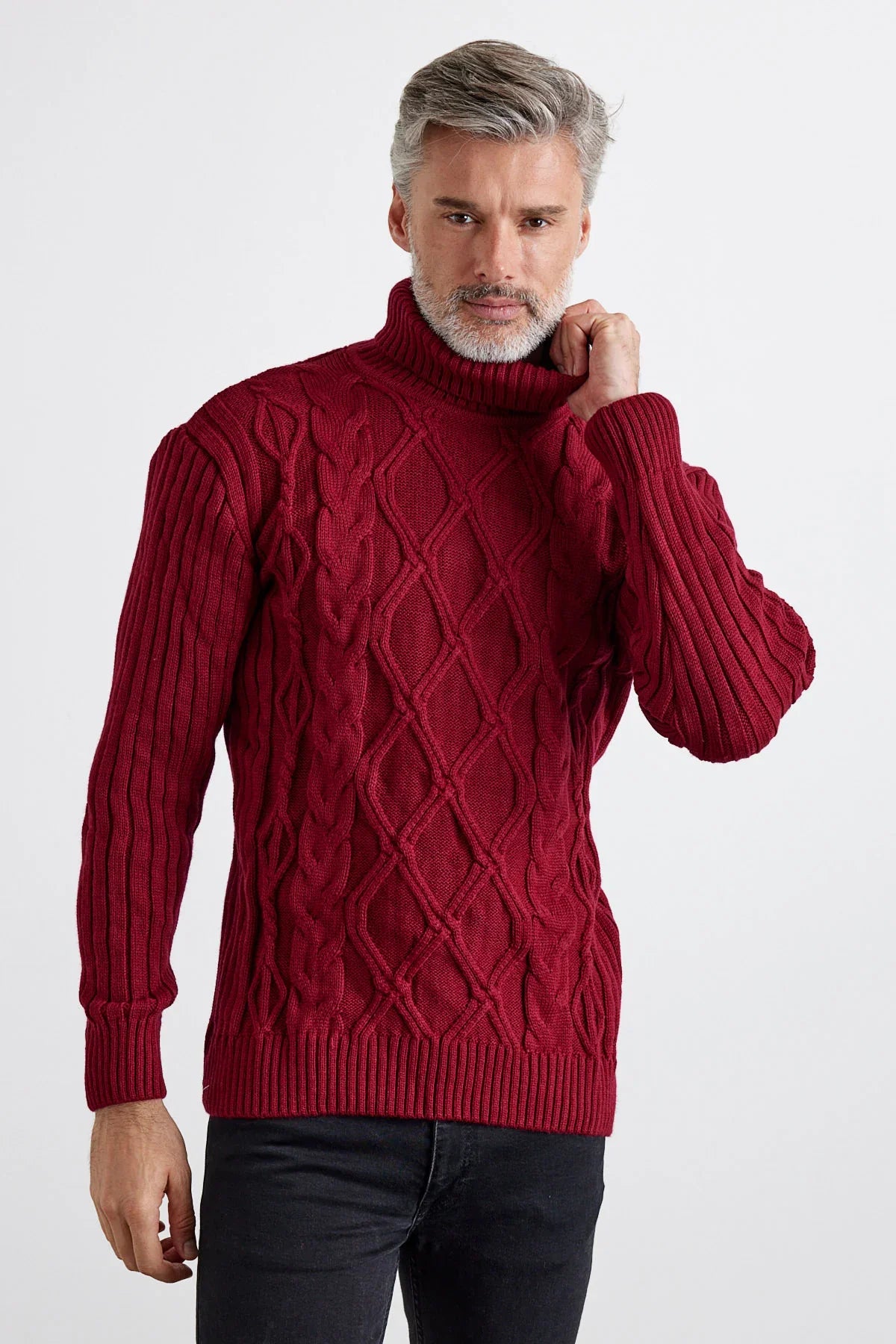 Erkek Saç Örgülü Baklava Desenli Tam Balıkçı Fitilli Kalın Triko Kazak - Livio Ferri