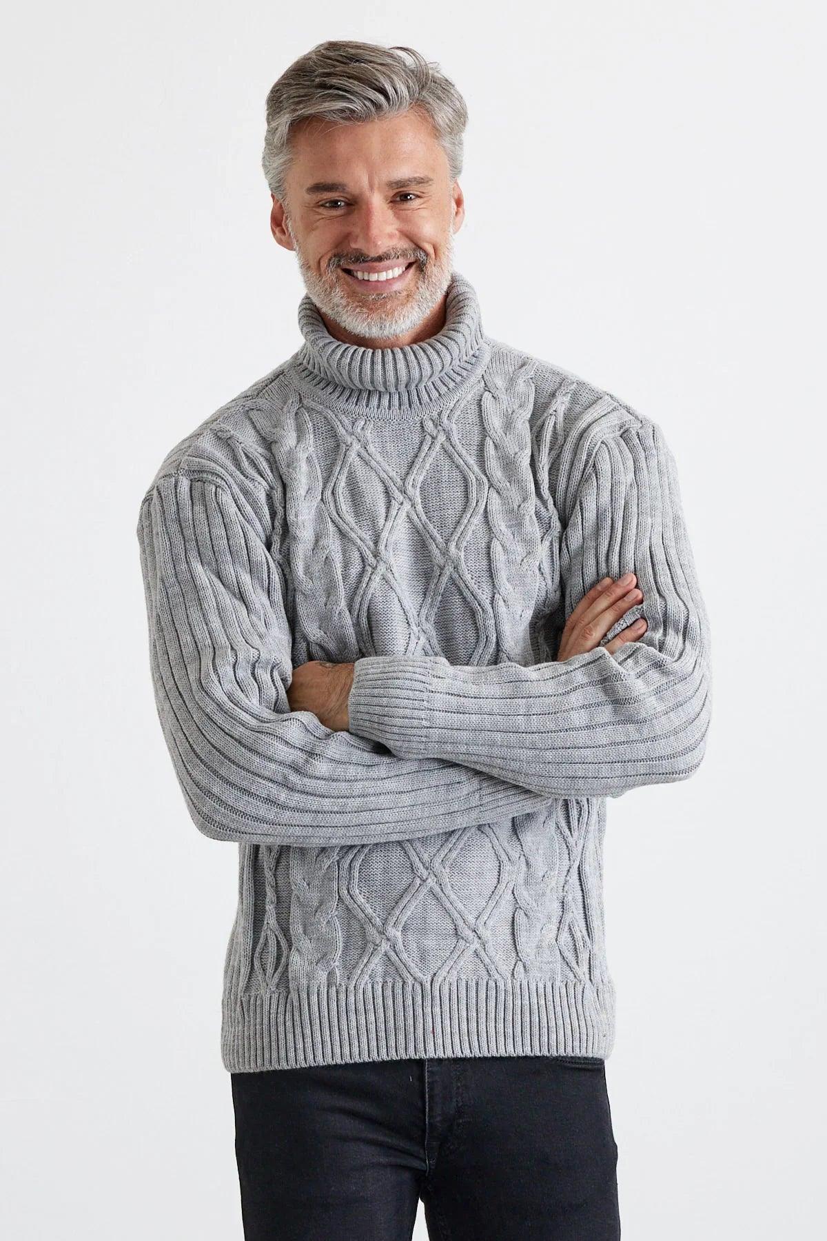 Erkek Saç Örgülü Baklava Desenli Tam Balıkçı Fitilli Kalın Triko Kazak - Livio Ferri