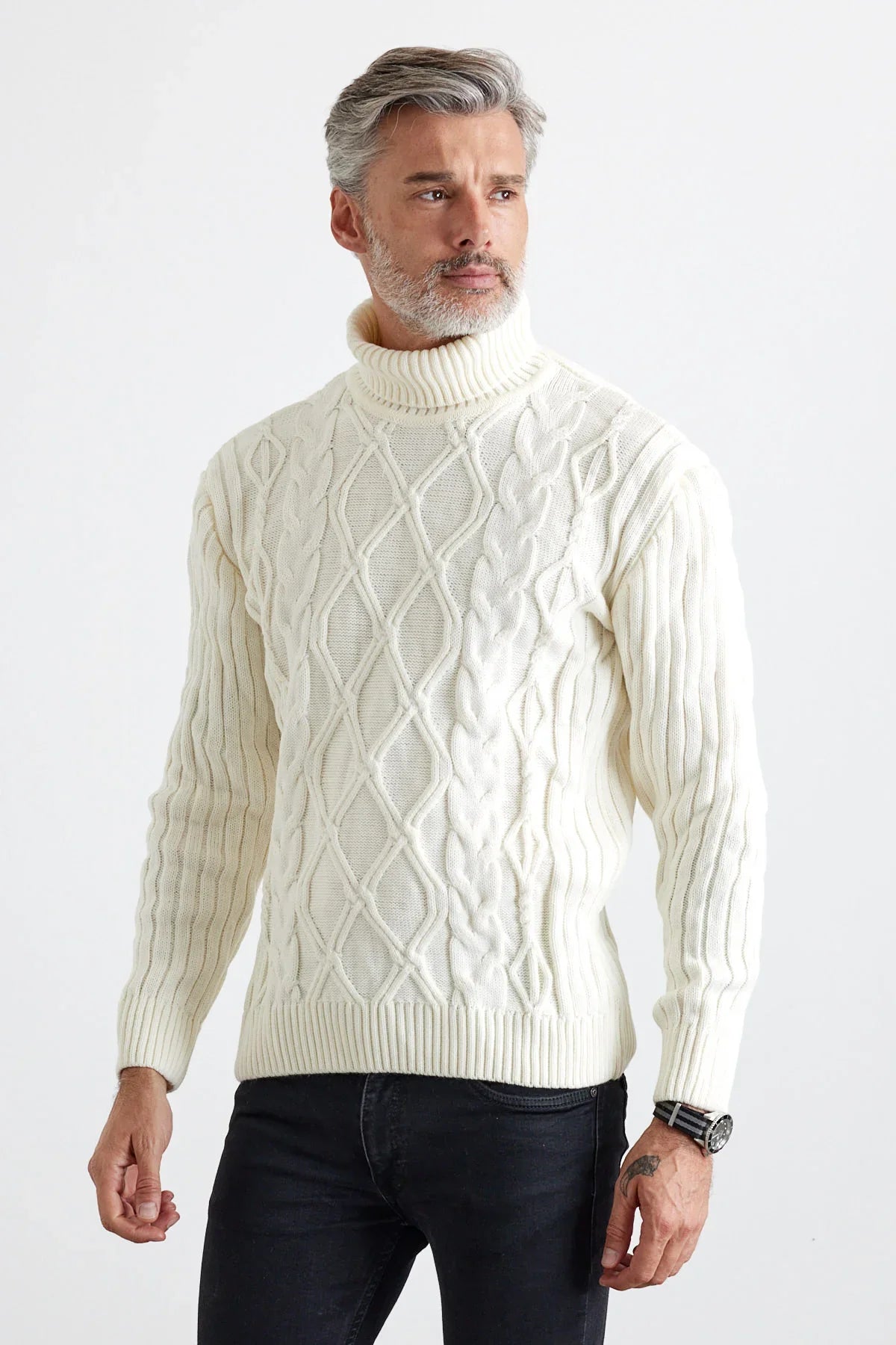 Erkek Saç Örgülü Baklava Desenli Tam Balıkçı Fitilli Kalın Triko Kazak - Livio Ferri