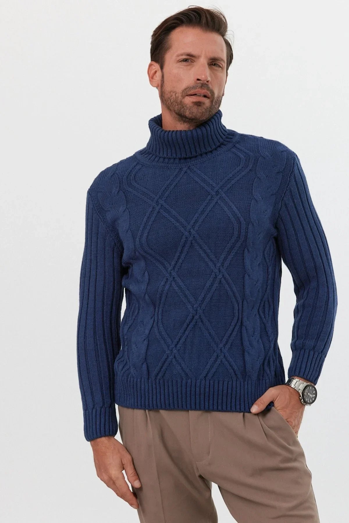 Erkek Saç Örgülü Baklava Desenli Tam Balıkçı Fitilli Kalın Triko Kazak - Livio Ferri