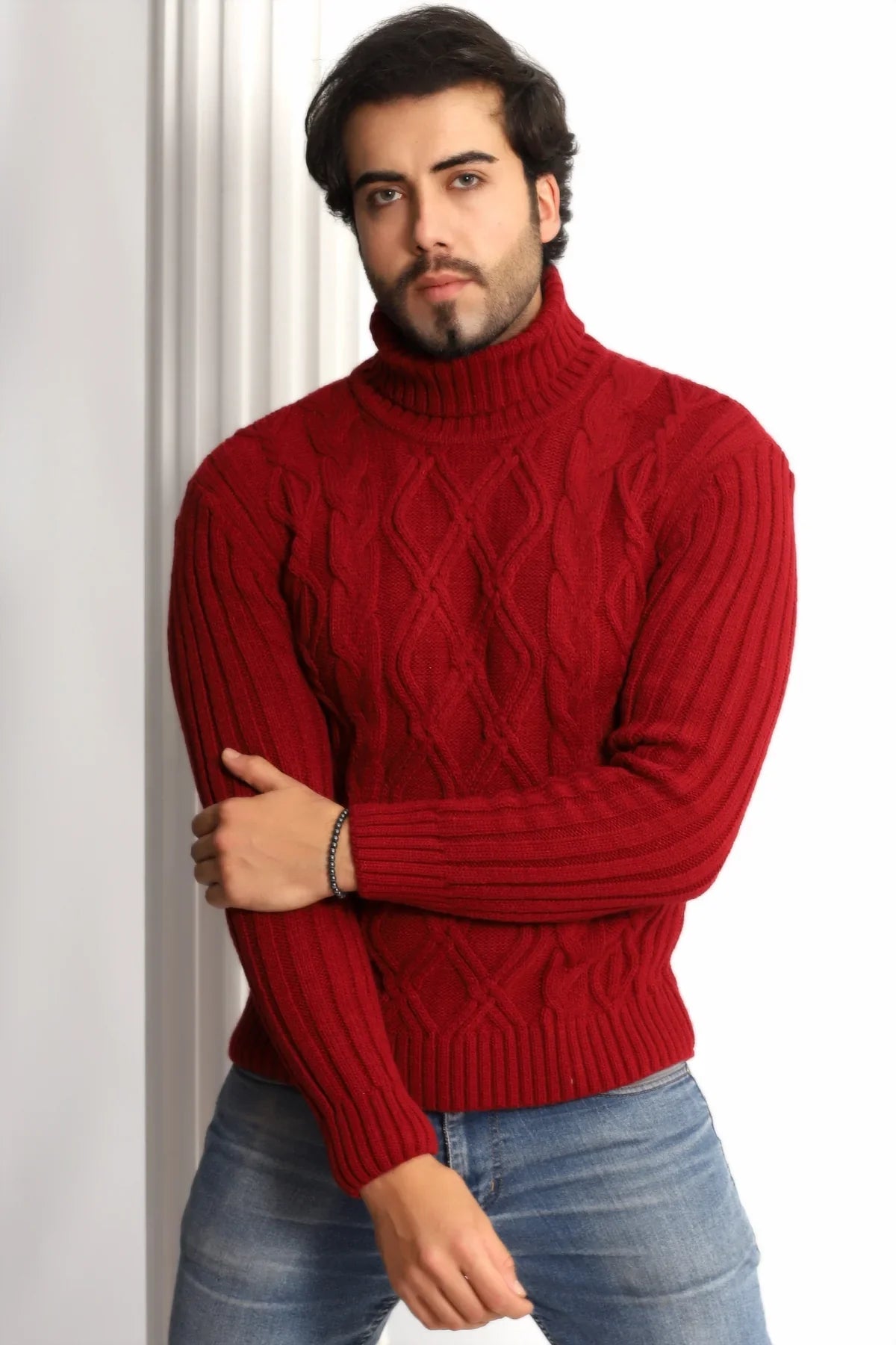 Erkek Saç Örgülü Baklava Desenli Tam Balıkçı Fitilli Kalın Triko Kazak - Livio Ferri