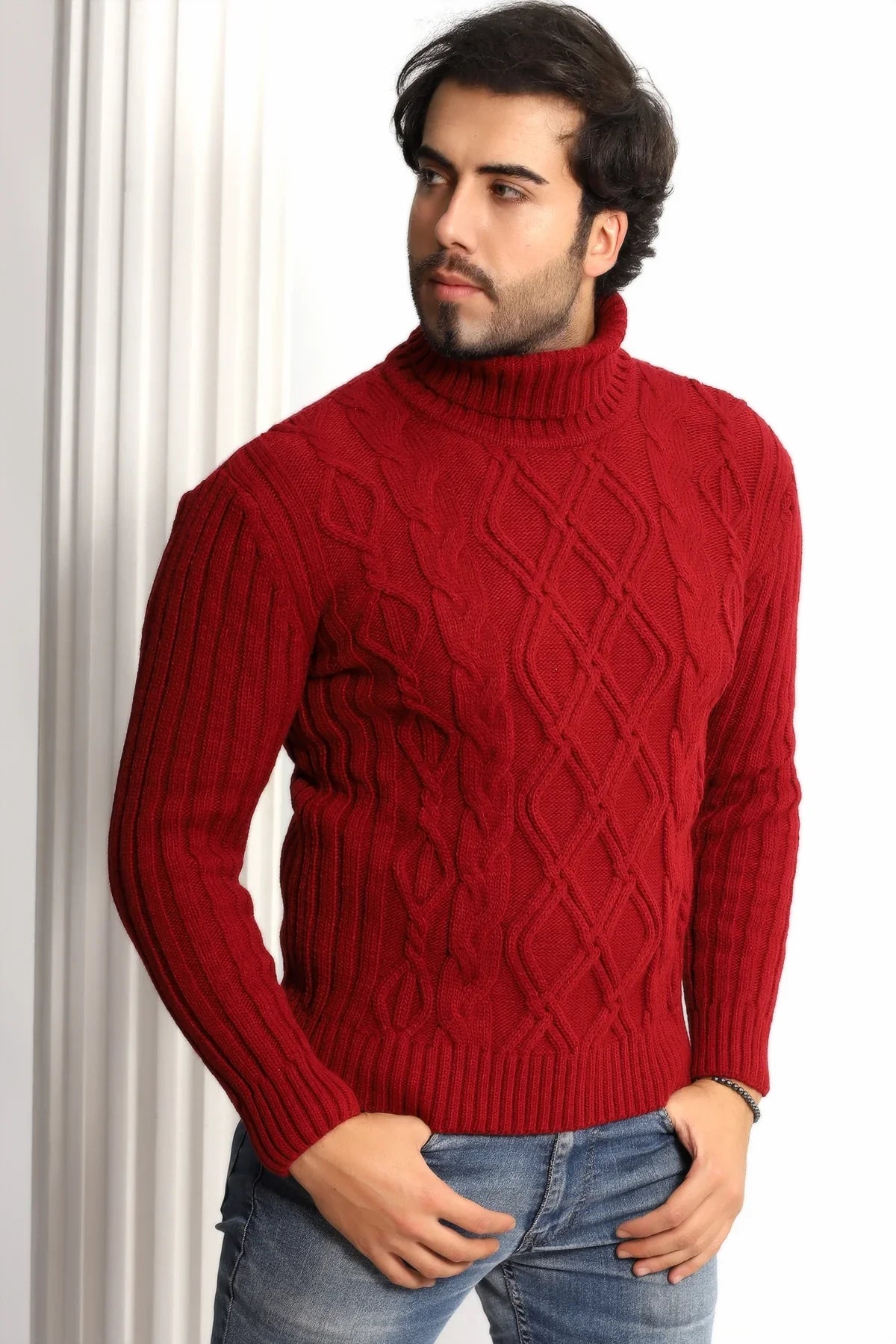 Erkek Saç Örgülü Baklava Desenli Tam Balıkçı Fitilli Kalın Triko Kazak - Livio Ferri