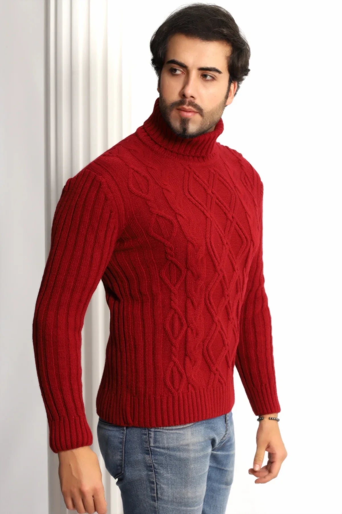 Erkek Saç Örgülü Baklava Desenli Tam Balıkçı Fitilli Kalın Triko Kazak - Livio Ferri