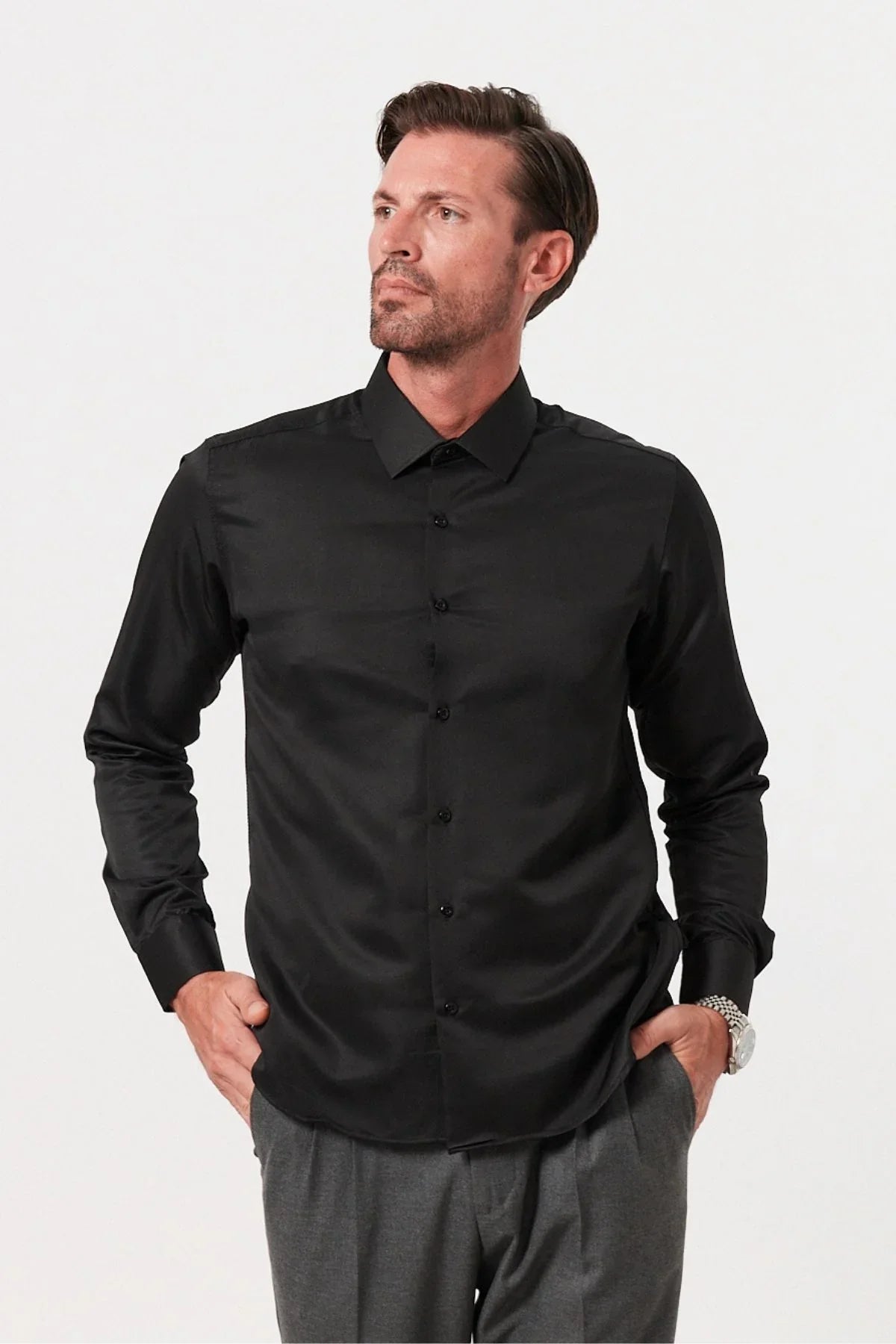 Erkek Slim Fit 4 Mevsim Kolay Ütülenir Basic Düz Gömlek