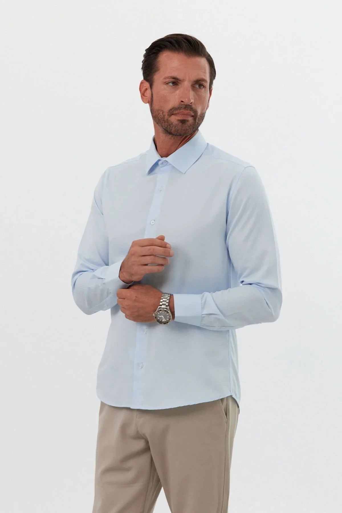 Erkek Slim Fit 4 Mevsim Kolay Ütülenir Basic Düz Gömlek