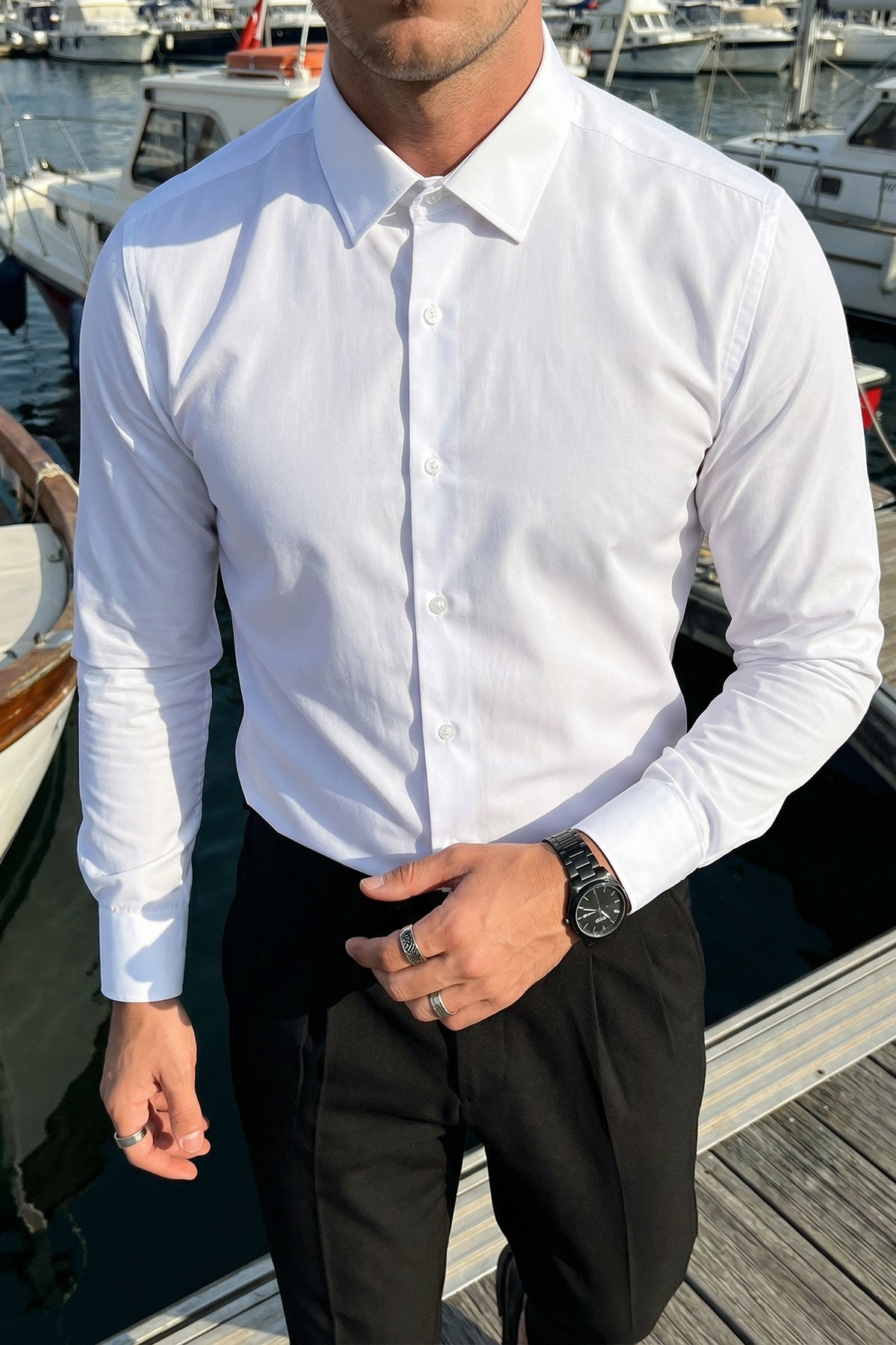 Erkek Slim Fit 4 Mevsim Kolay Ütülenir Basic Düz Gömlek