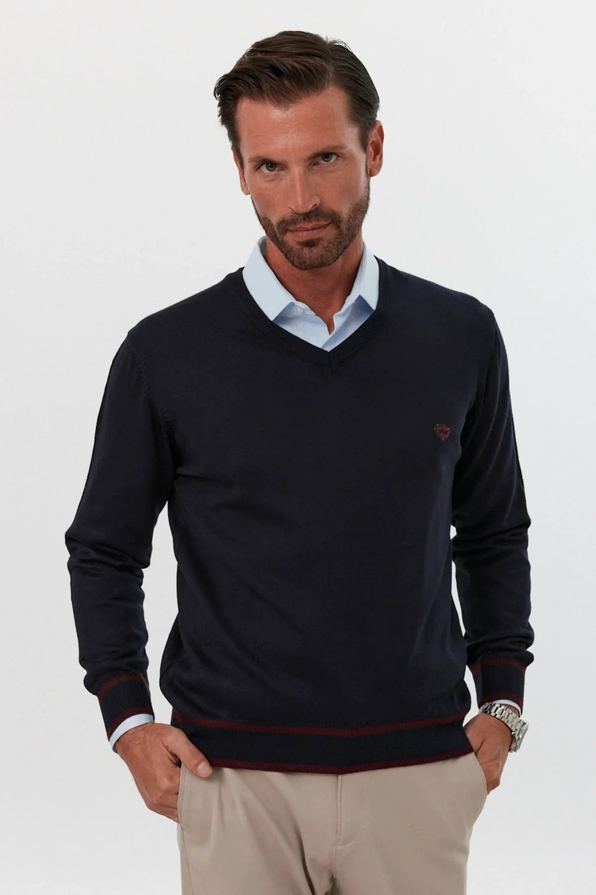 Erkek Standart Fit Nakışlı Normal Kesim V Yaka Triko Kazak