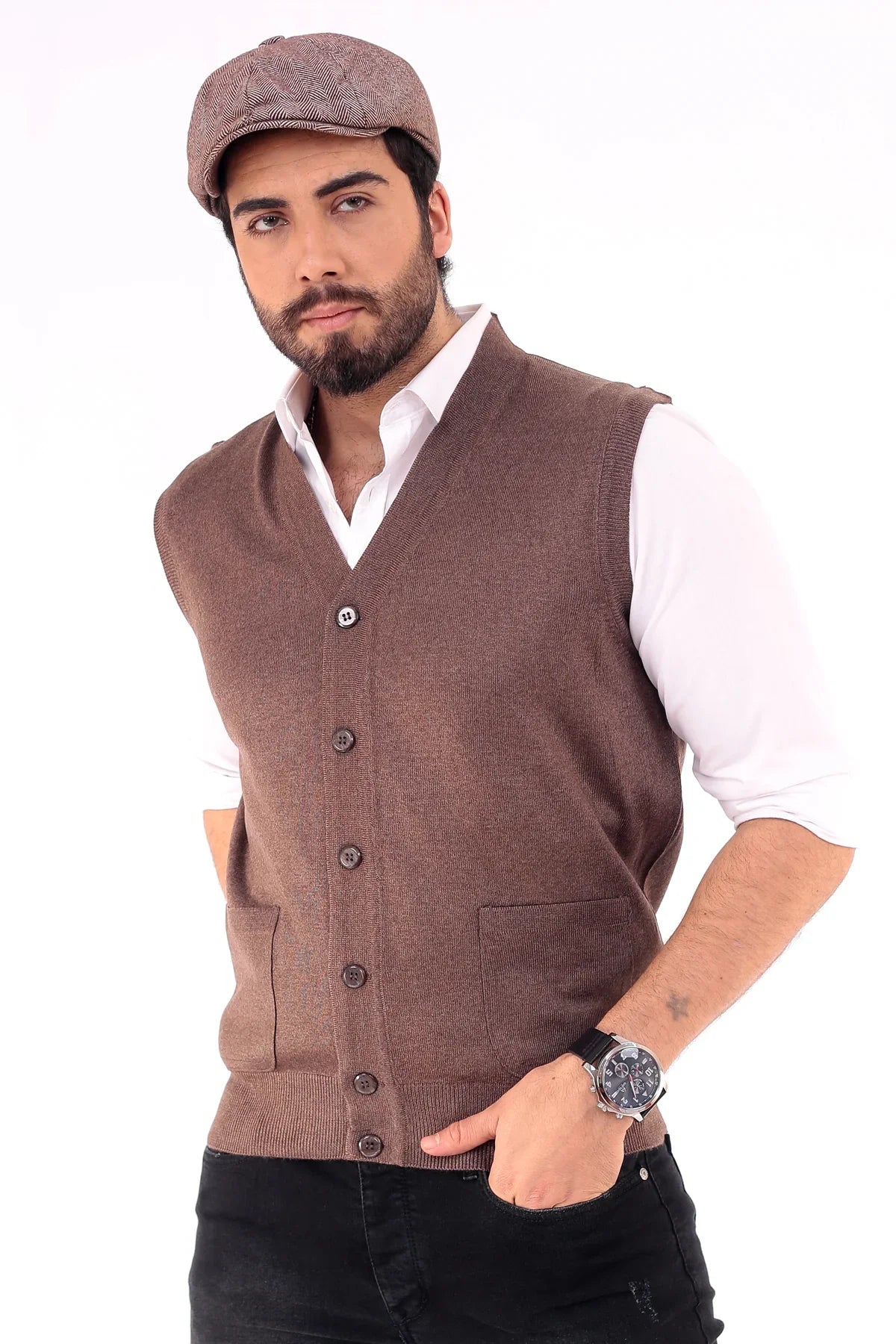 Erkek Standart Fit Normal Kesim Cepli Triko Yelek Triko Kazak