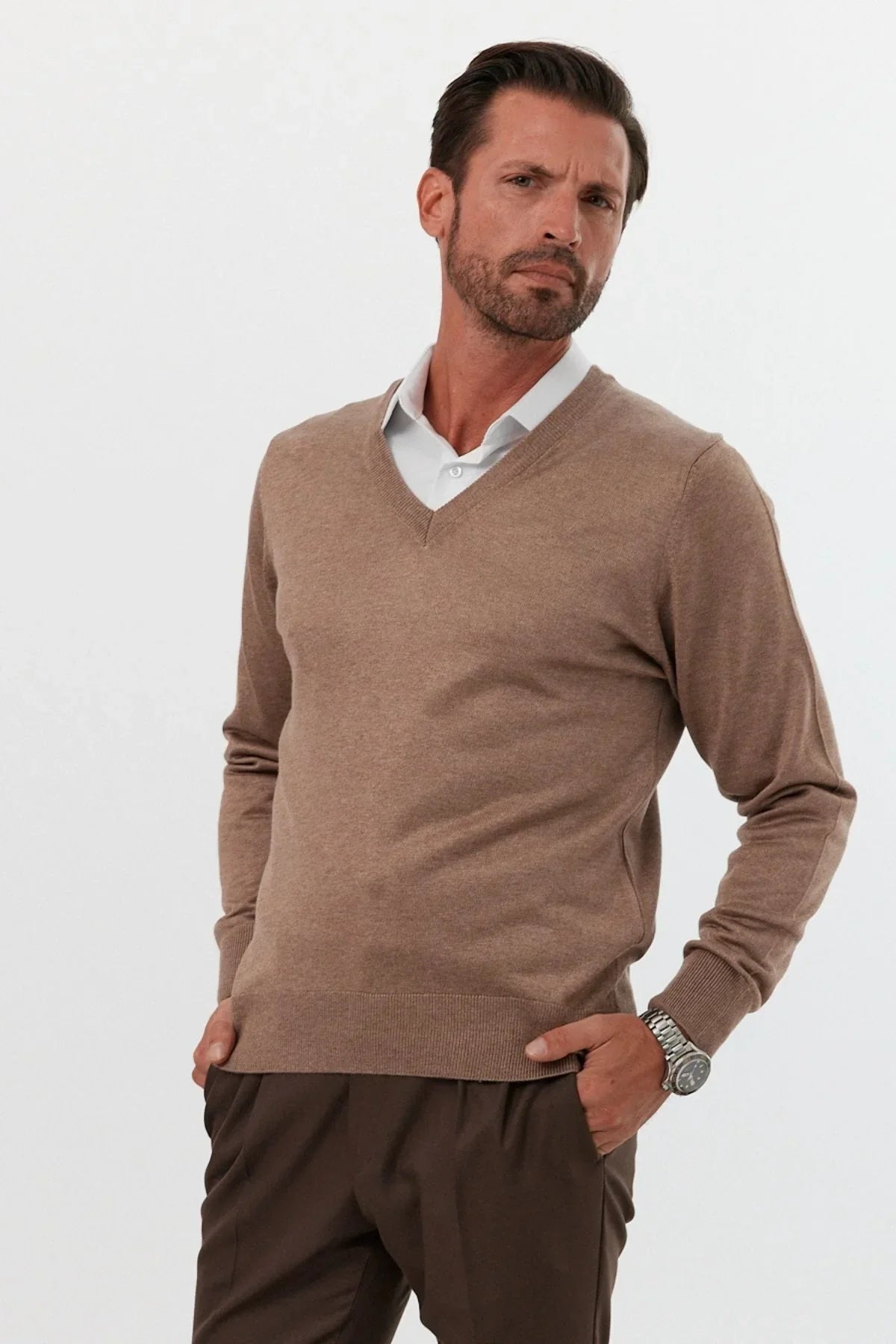 Erkek Standart Fit Normal Kesim V Yaka Triko Kazak