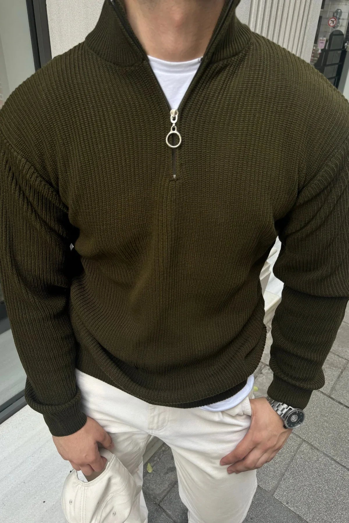 Erkek Yarım Fermuarlı Dik Yaka Kalın Kazak Triko