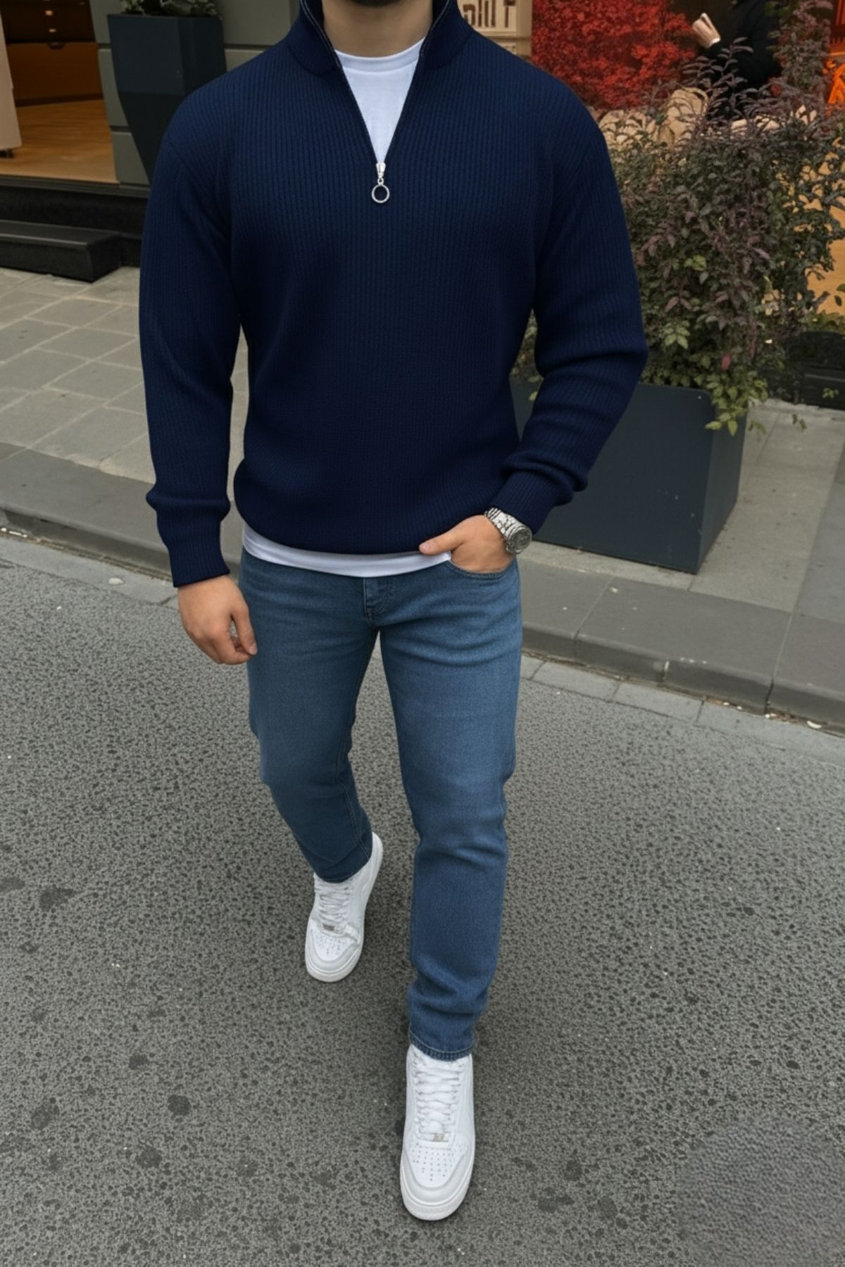 Erkek Yarım Fermuarlı Dik Yaka Kalın Kazak Triko